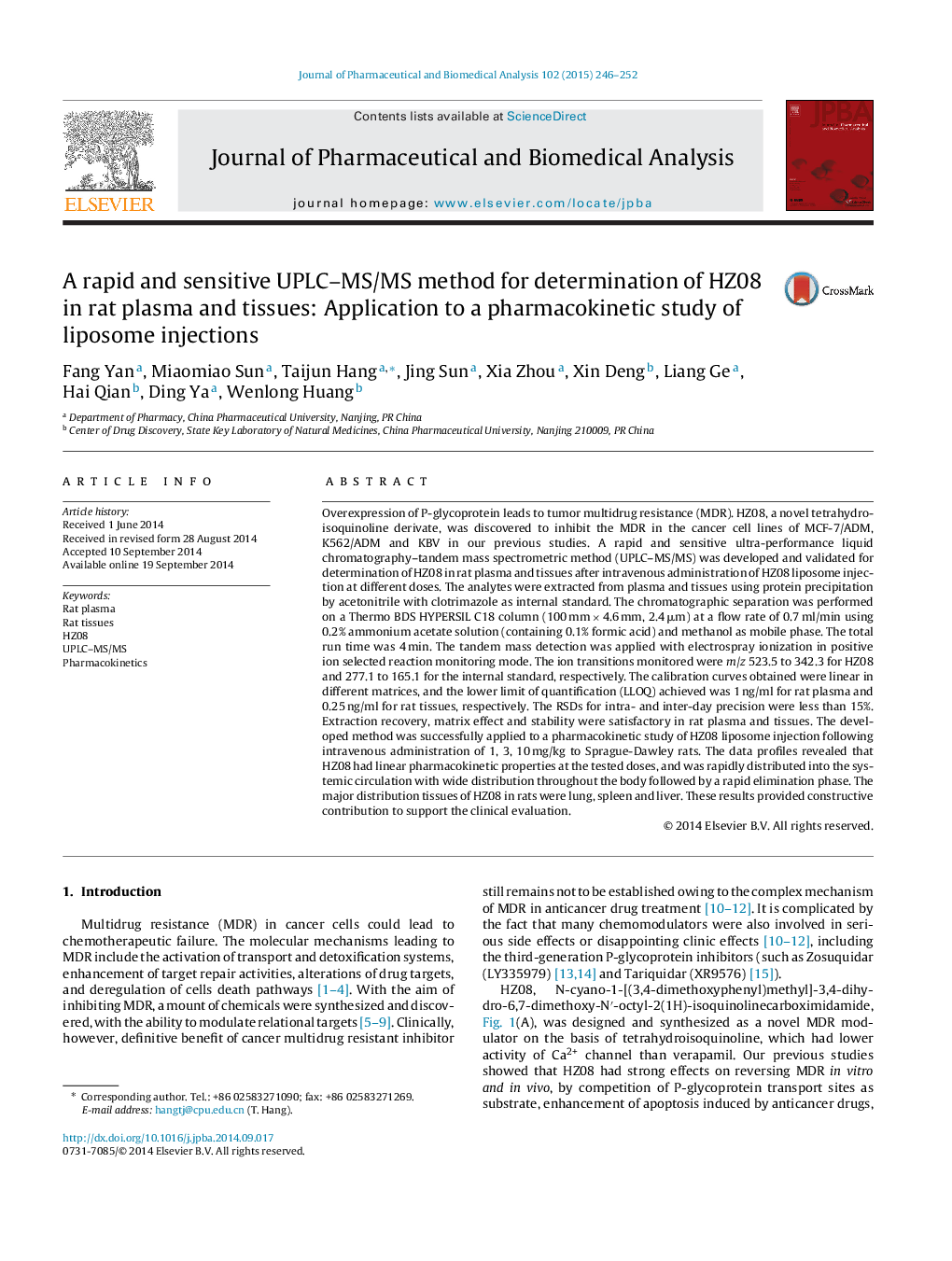 A rapid and sensitive UPLC-MS/MS method for determination of HZ08 in rat plasma and tissues: Application to a pharmacokinetic study of liposome injections