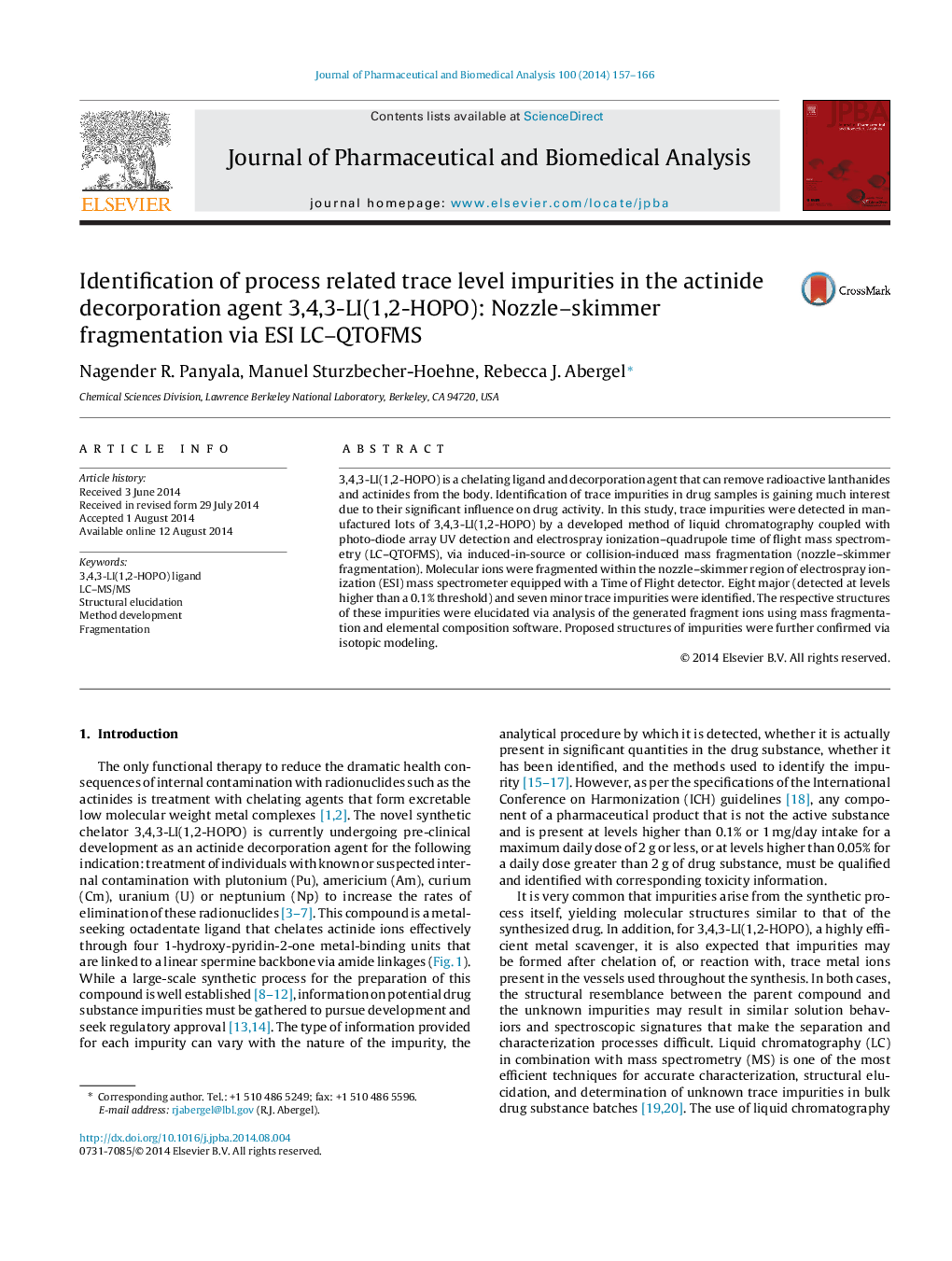 Identification of process related trace level impurities in the actinide decorporation agent 3,4,3-LI(1,2-HOPO): Nozzle-skimmer fragmentation via ESI LC-QTOFMS