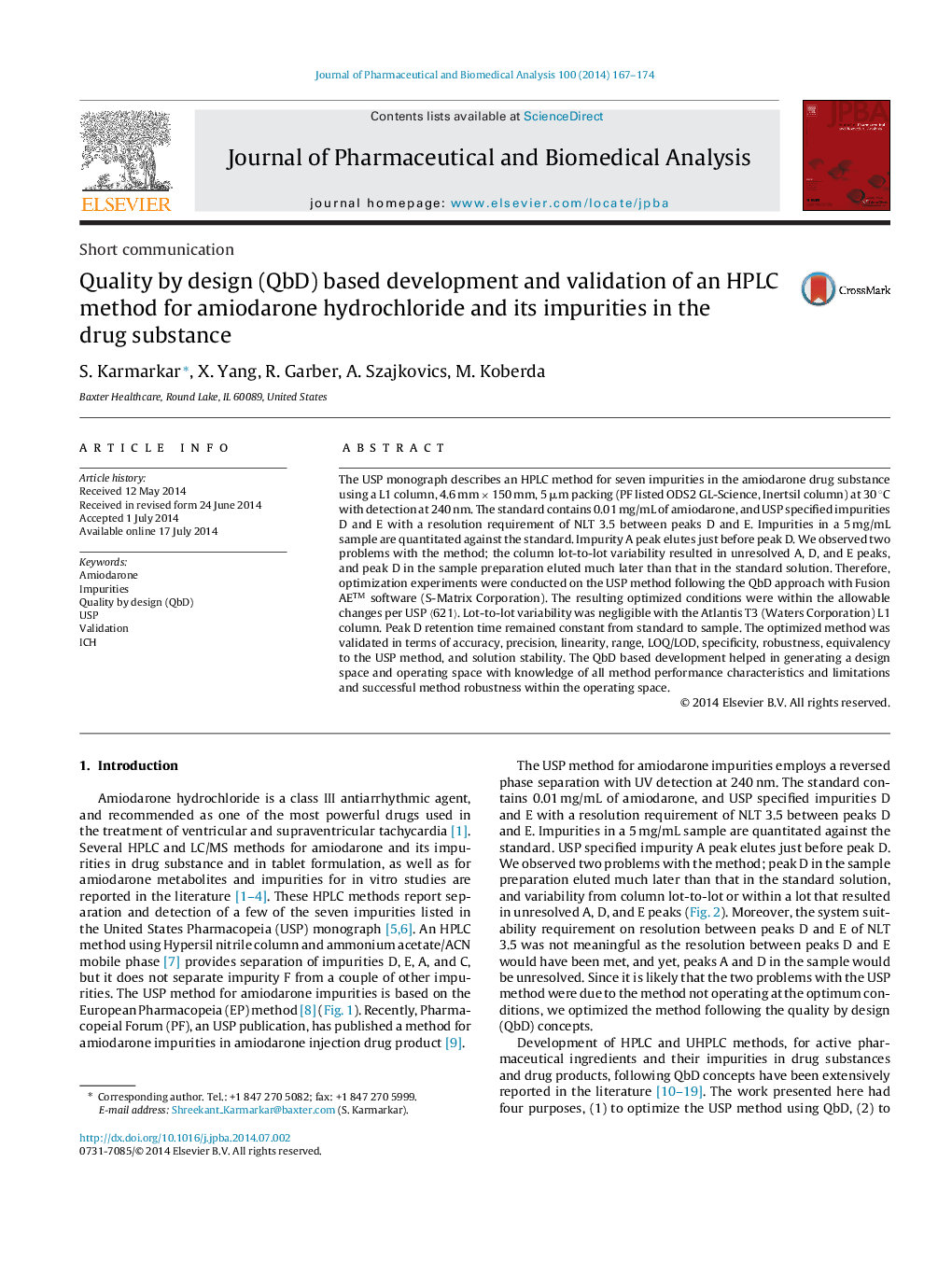 Quality by design (QbD) based development and validation of an HPLC method for amiodarone hydrochloride and its impurities in the drug substance