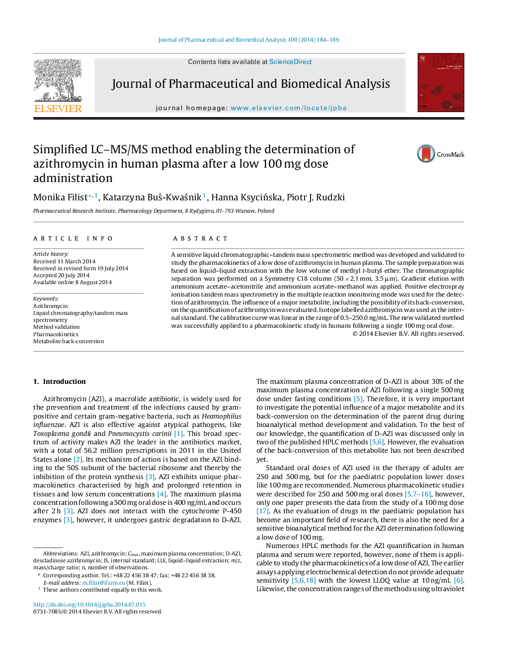 Simplified LC-MS/MS method enabling the determination of azithromycin in human plasma after a low 100Â mg dose administration