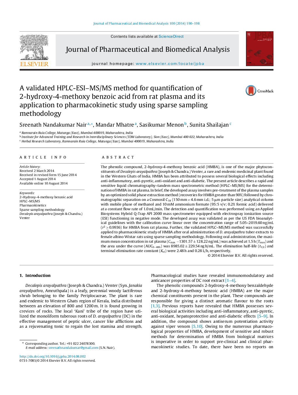 A validated HPLC-ESI-MS/MS method for quantification of 2-hydroxy-4-methoxy benzoic acid from rat plasma and its application to pharmacokinetic study using sparse sampling methodology