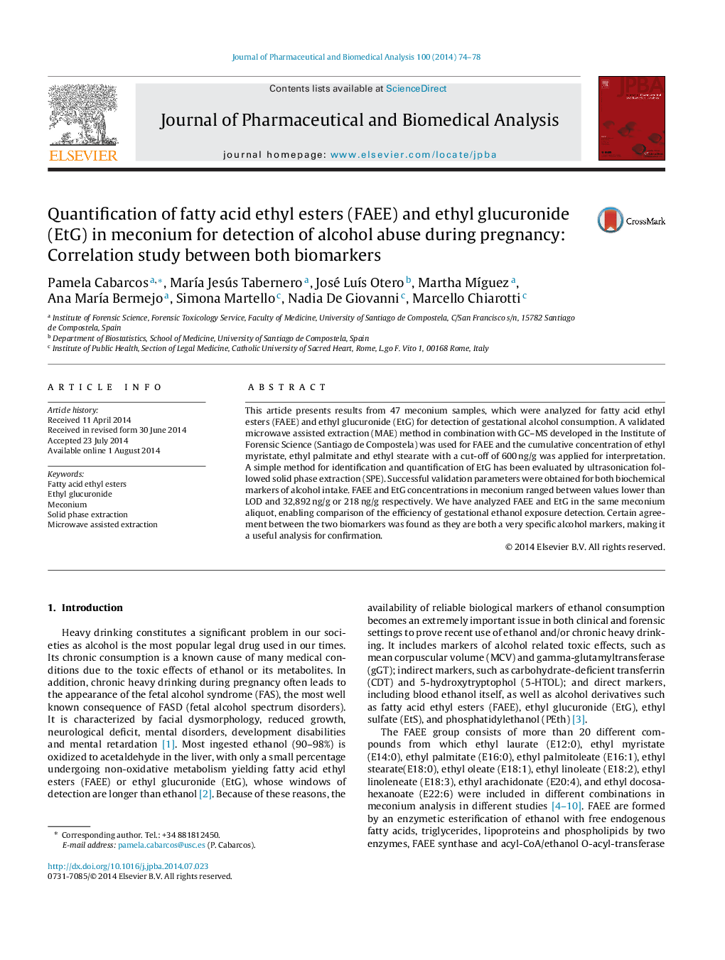 Quantification of fatty acid ethyl esters (FAEE) and ethyl glucuronide (EtG) in meconium for detection of alcohol abuse during pregnancy: Correlation study between both biomarkers