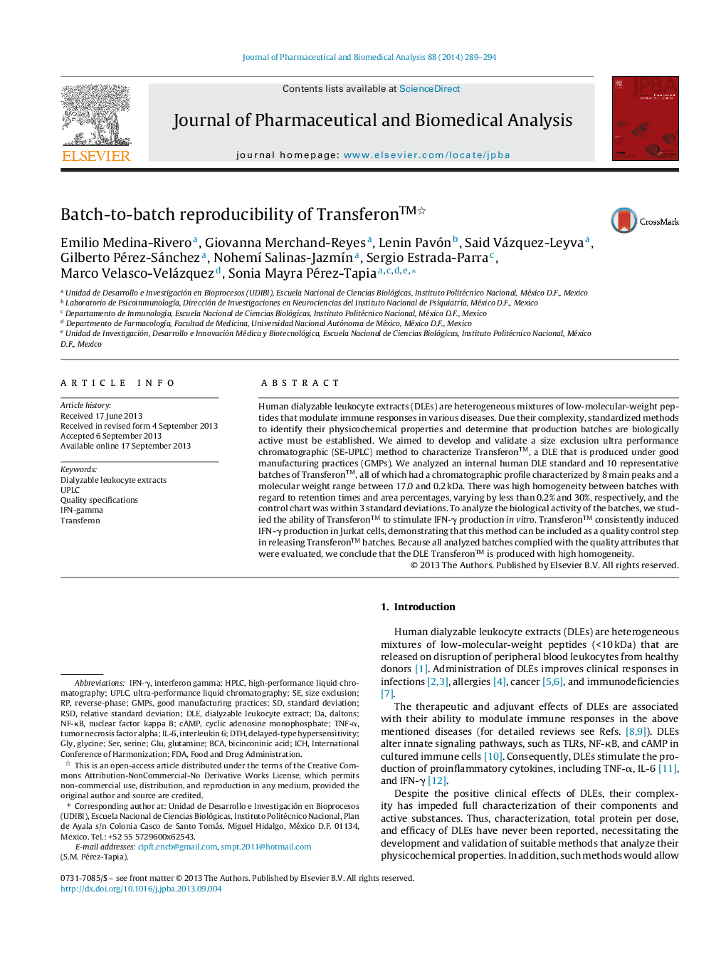 Batch-to-batch reproducibility of Transferonâ¢