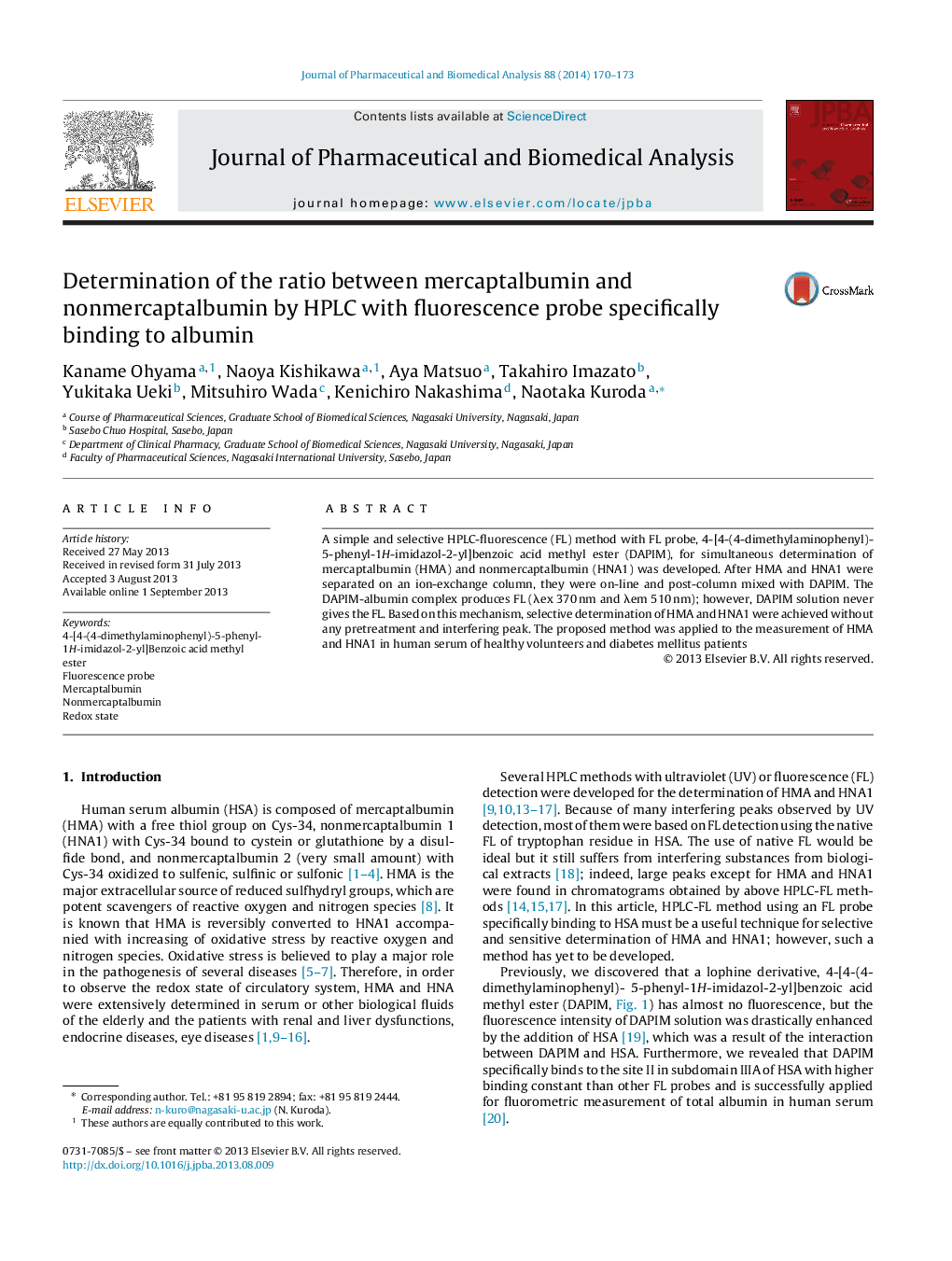 Determination of the ratio between mercaptalbumin and nonmercaptalbumin by HPLC with fluorescence probe specifically binding to albumin