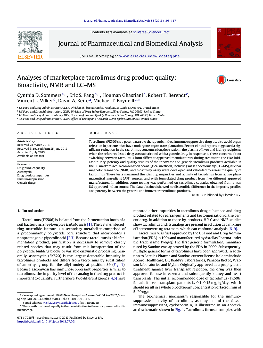 Analyses of marketplace tacrolimus drug product quality: Bioactivity, NMR and LC-MS