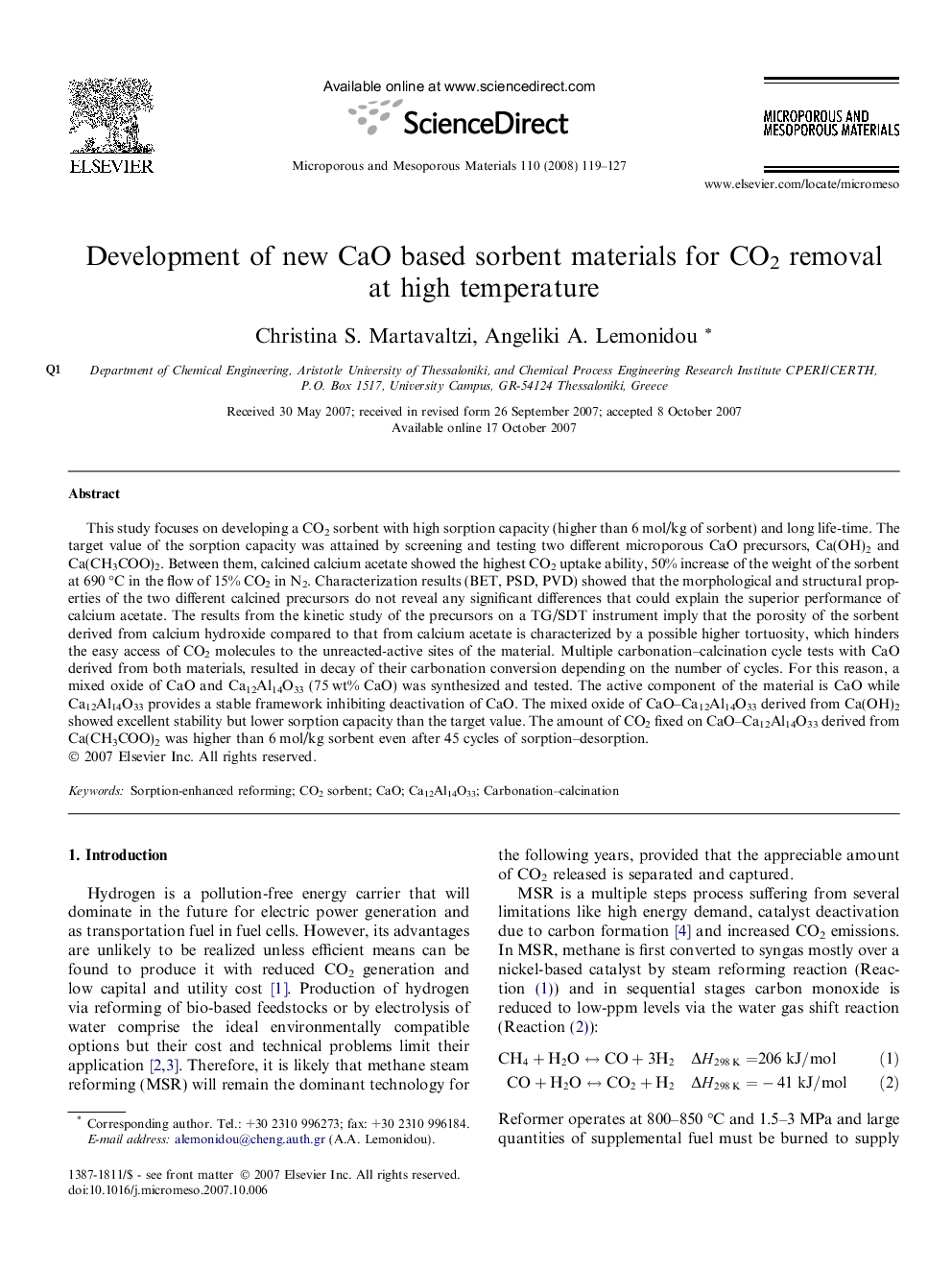 Development of new CaO based sorbent materials for CO2 removal at high temperature