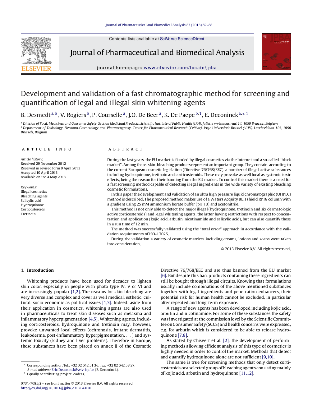 Development and validation of a fast chromatographic method for screening and quantification of legal and illegal skin whitening agents