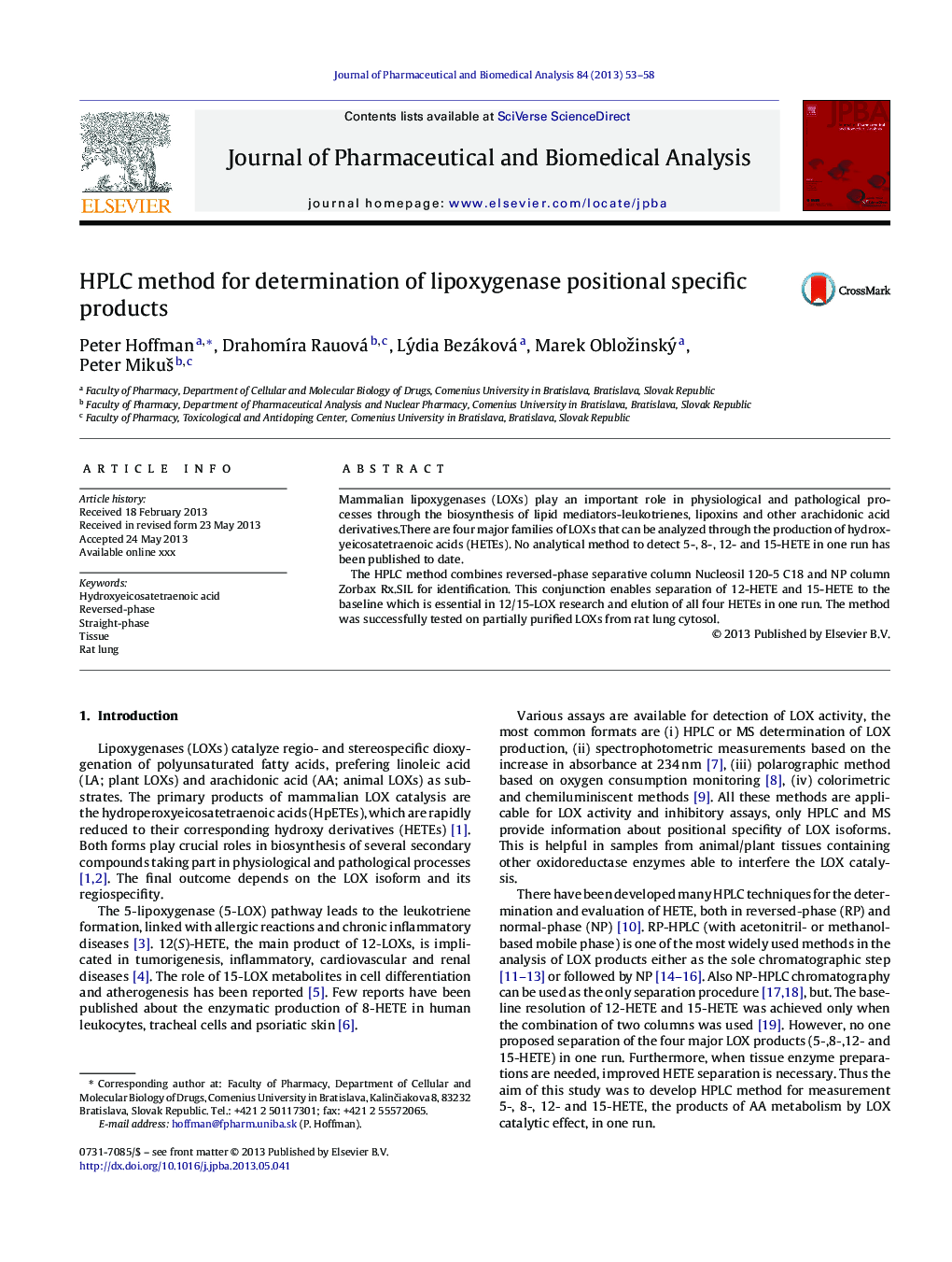 HPLC method for determination of lipoxygenase positional specific products