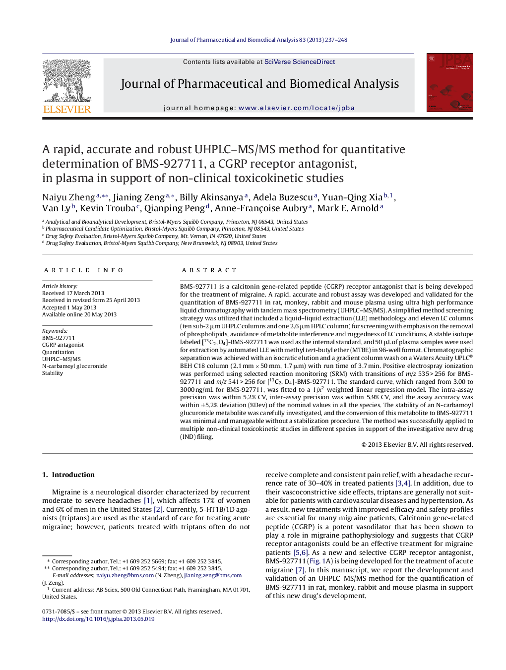 A rapid, accurate and robust UHPLC-MS/MS method for quantitative determination of BMS-927711, a CGRP receptor antagonist, in plasma in support of non-clinical toxicokinetic studies