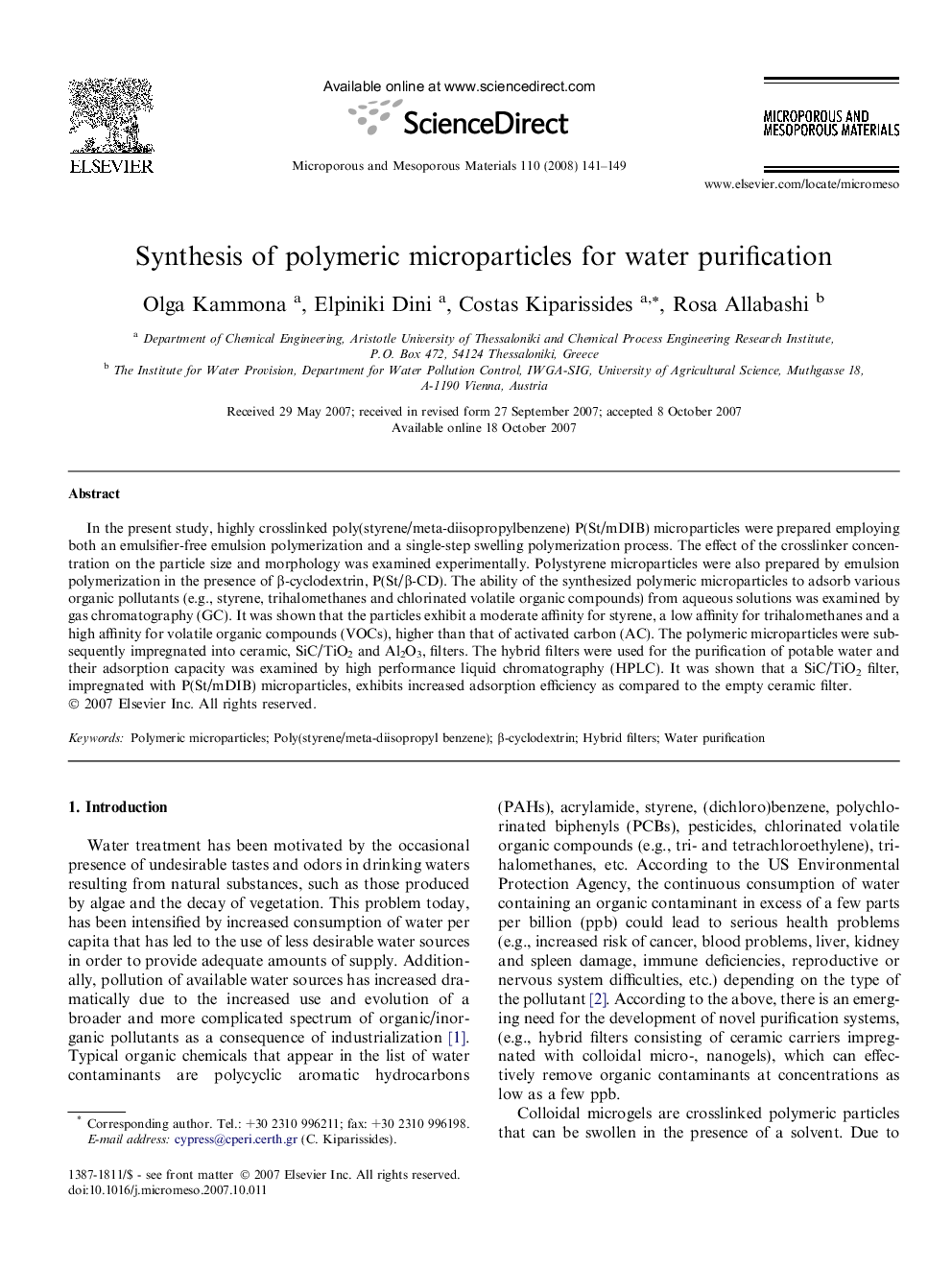 Synthesis of polymeric microparticles for water purification