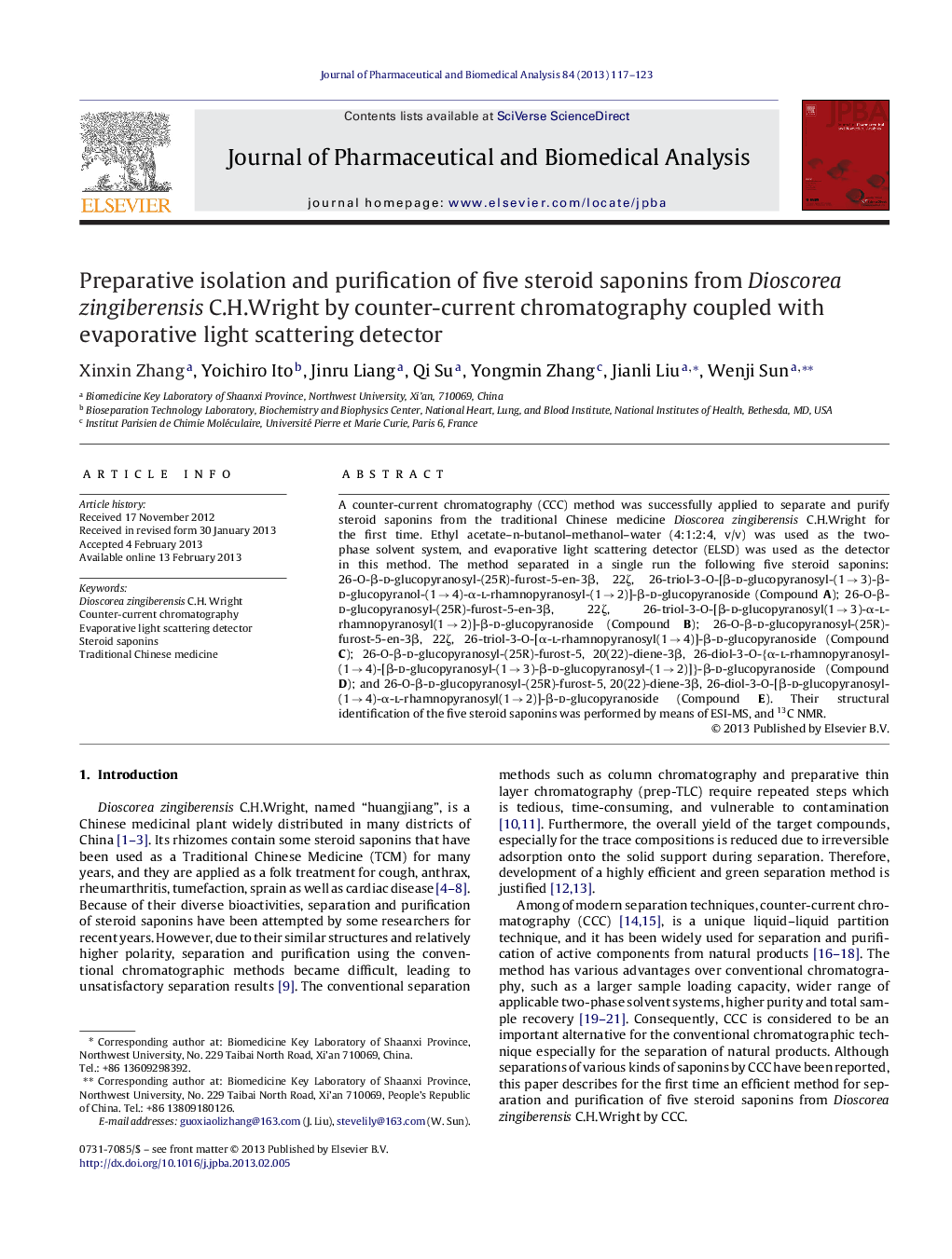 Preparative isolation and purification of five steroid saponins from Dioscorea zingiberensis C.H.Wright by counter-current chromatography coupled with evaporative light scattering detector