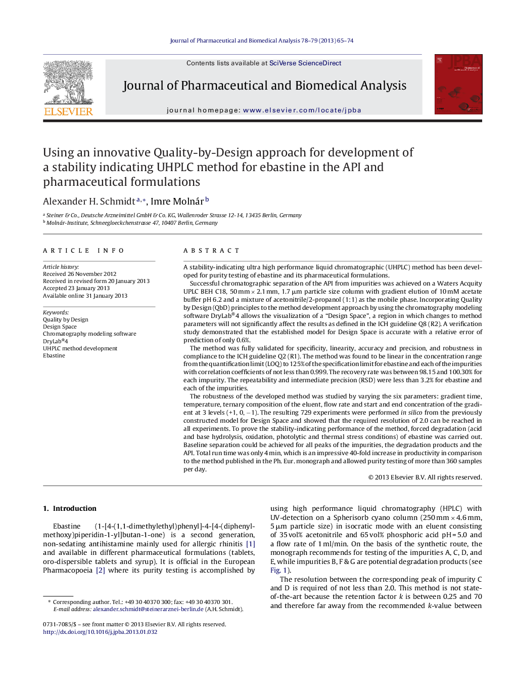 Using an innovative Quality-by-Design approach for development of a stability indicating UHPLC method for ebastine in the API and pharmaceutical formulations