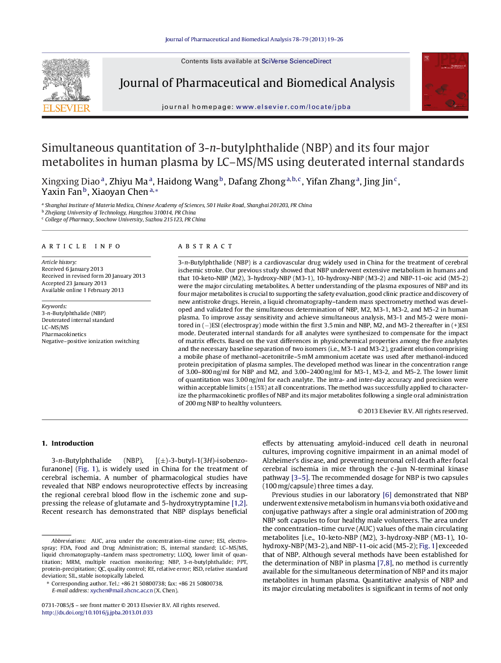 Simultaneous quantitation of 3-n-butylphthalide (NBP) and its four major metabolites in human plasma by LC-MS/MS using deuterated internal standards