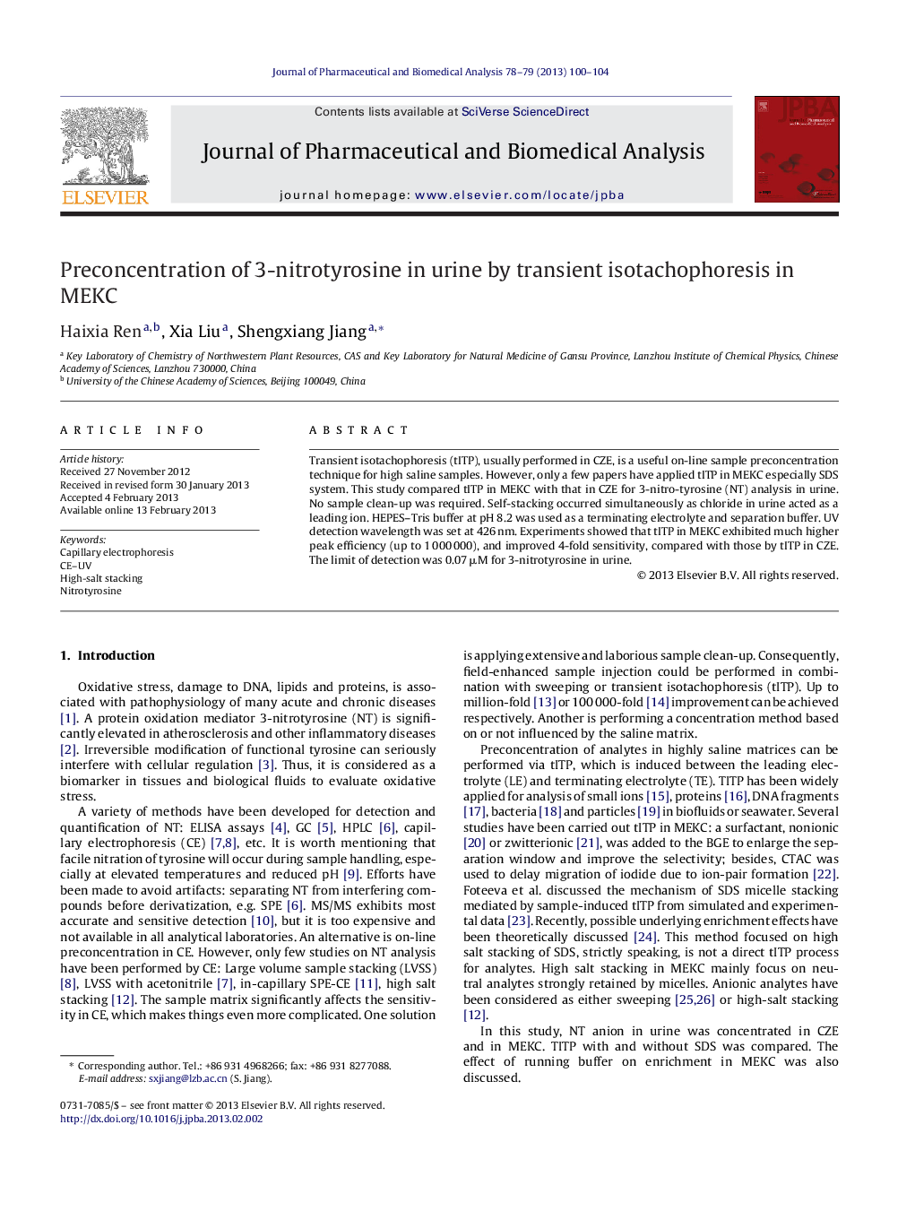 Preconcentration of 3-nitrotyrosine in urine by transient isotachophoresis in MEKC