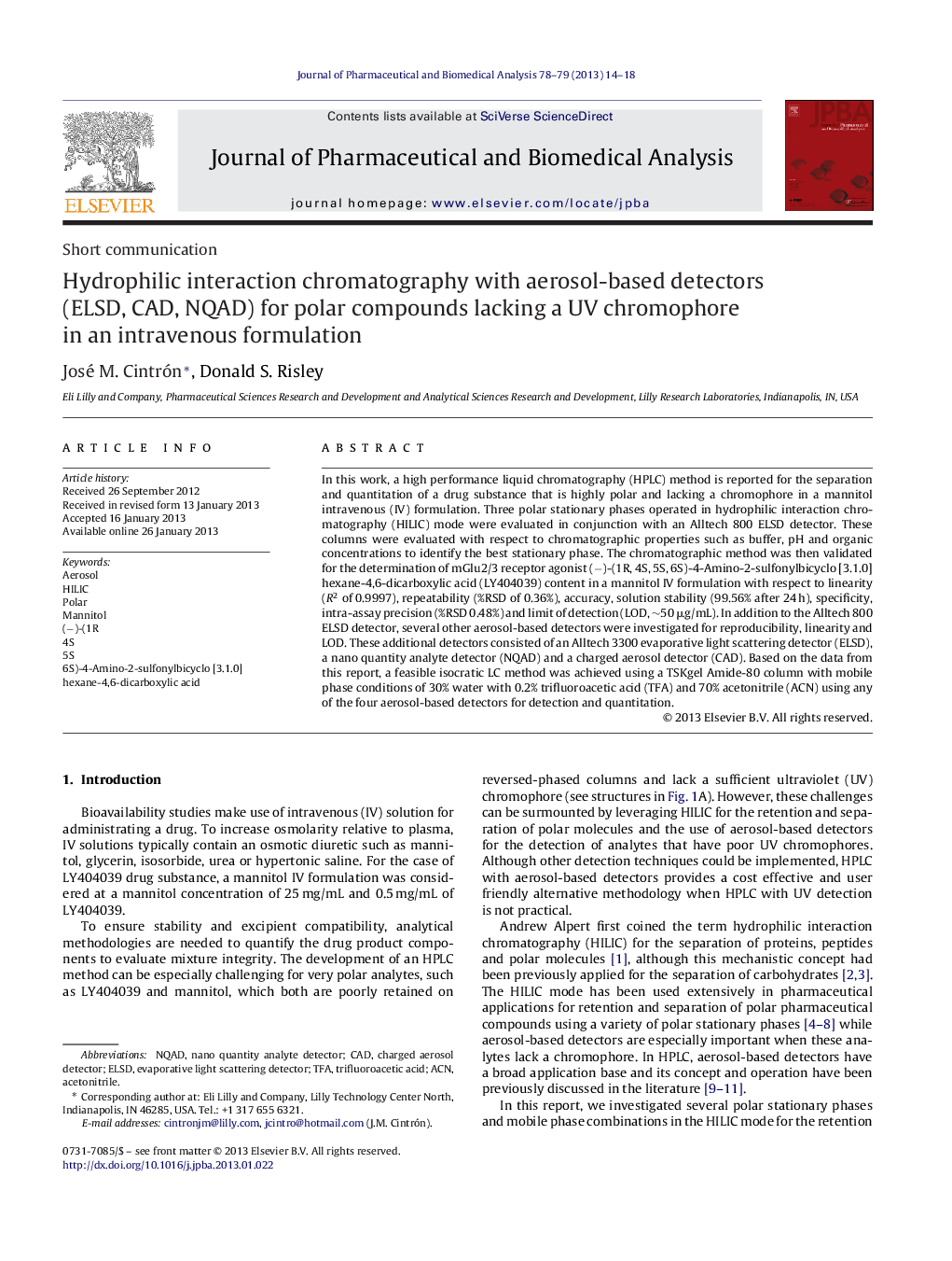 Hydrophilic interaction chromatography with aerosol-based detectors (ELSD, CAD, NQAD) for polar compounds lacking a UV chromophore in an intravenous formulation