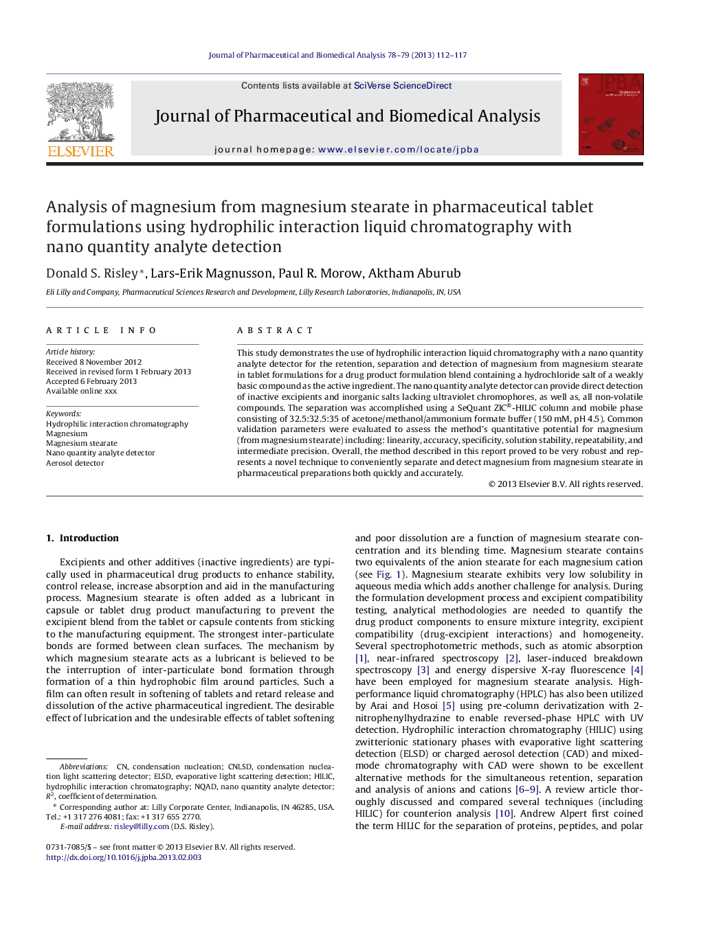 Analysis of magnesium from magnesium stearate in pharmaceutical tablet formulations using hydrophilic interaction liquid chromatography with nano quantity analyte detection