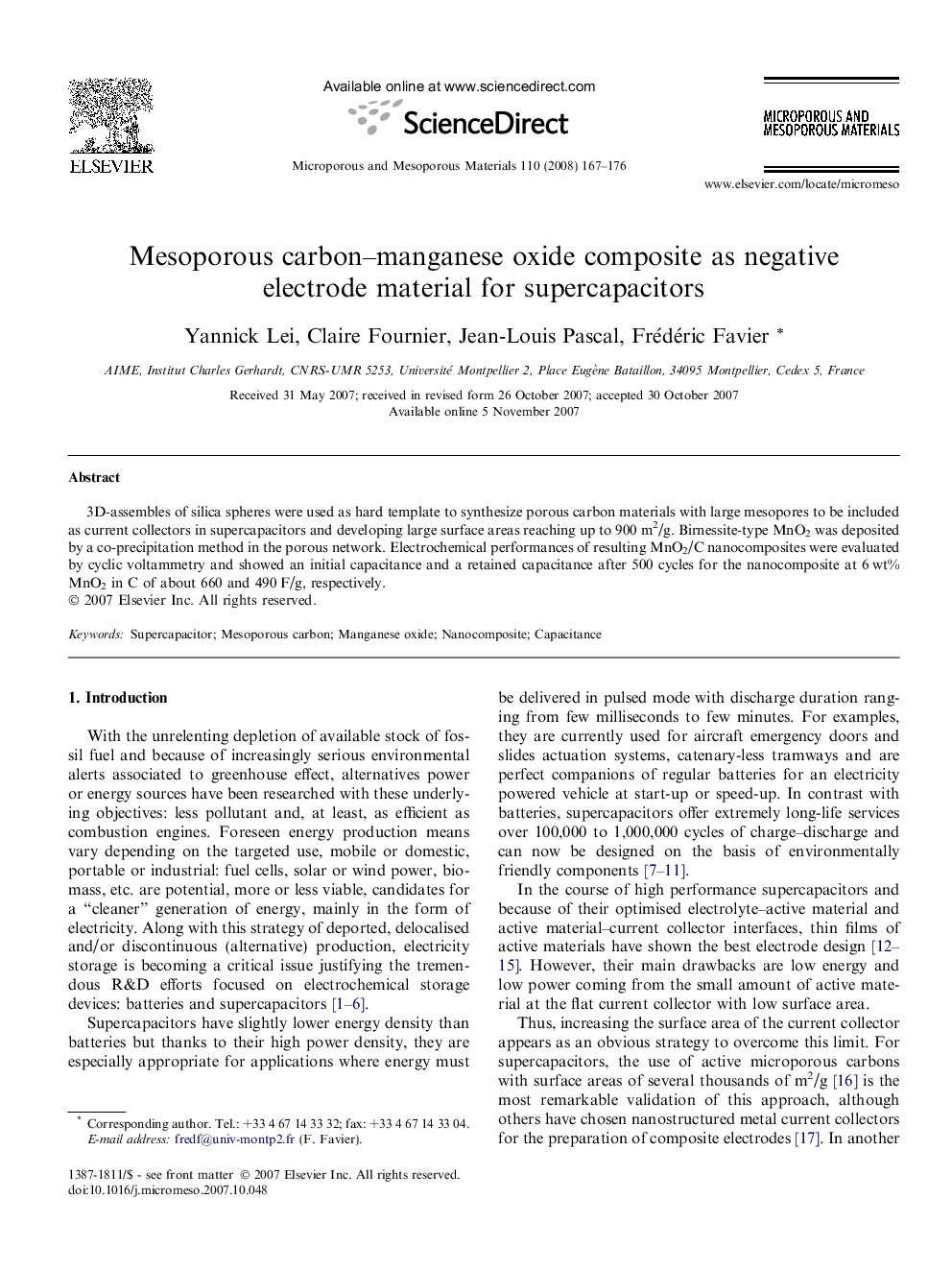 Mesoporous carbon–manganese oxide composite as negative electrode material for supercapacitors