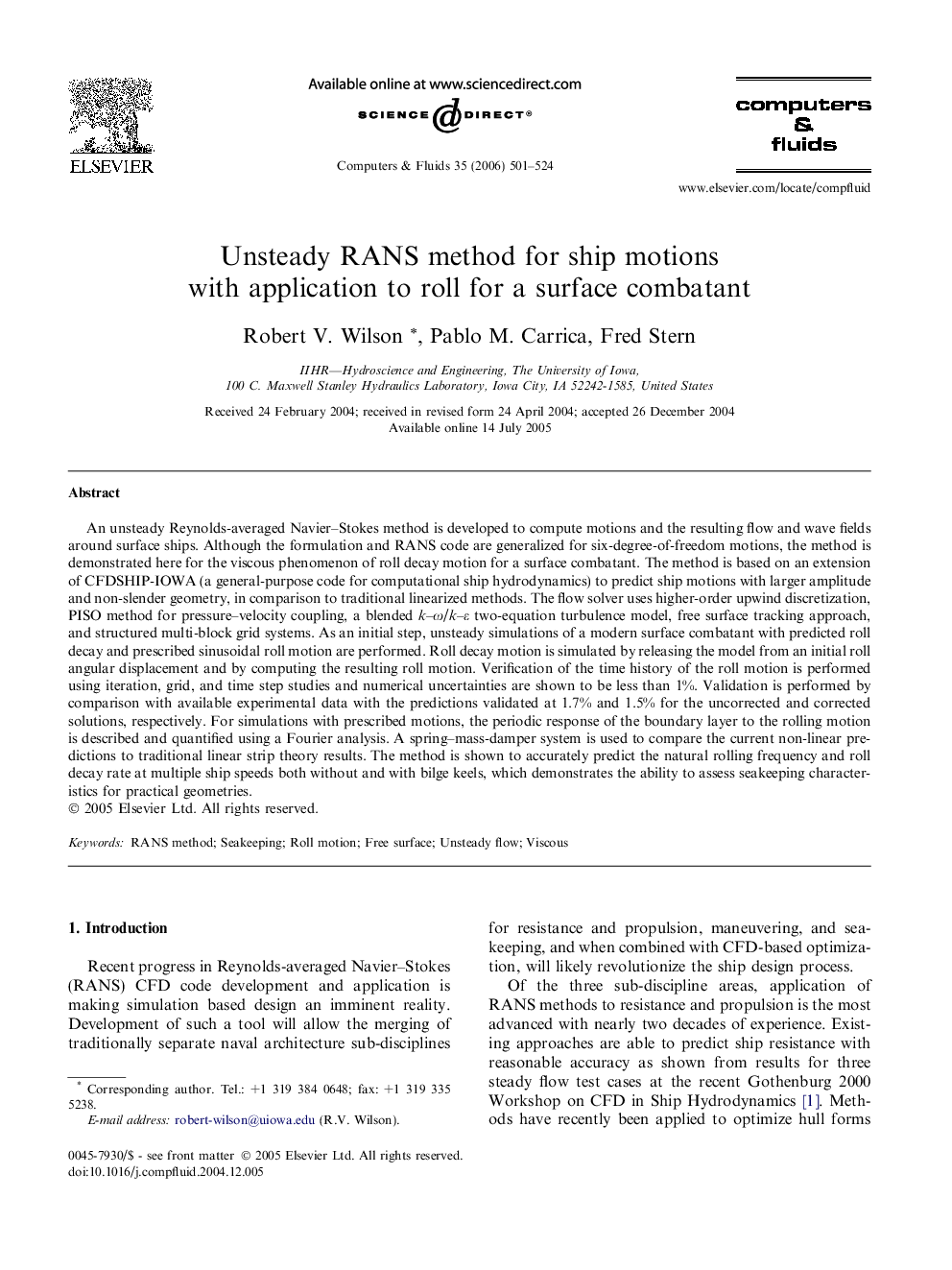 Unsteady RANS method for ship motions with application to roll for a surface combatant