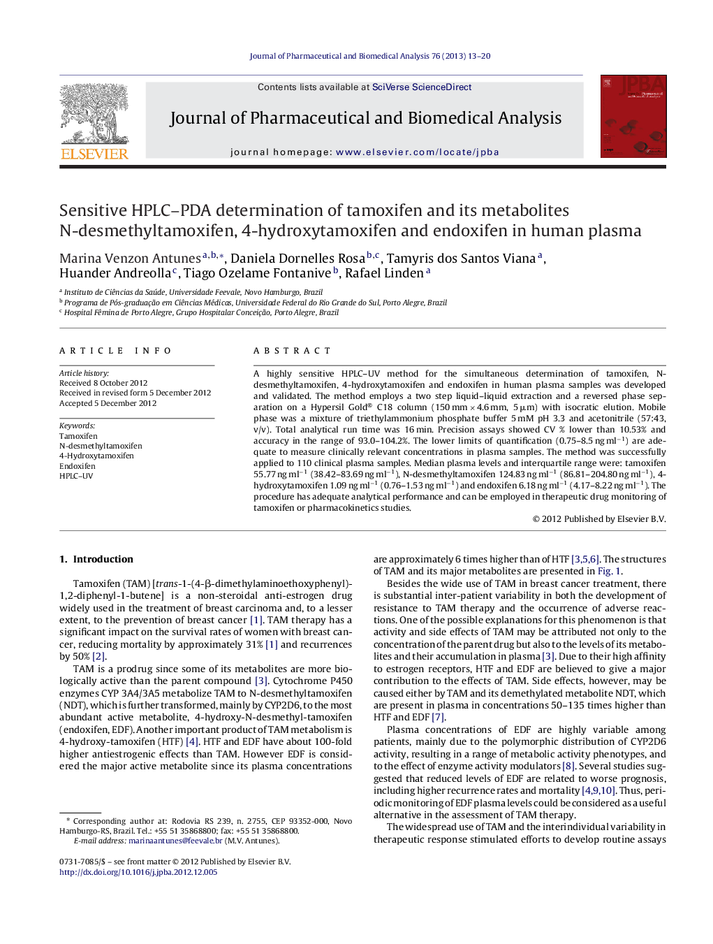 Sensitive HPLC-PDA determination of tamoxifen and its metabolites N-desmethyltamoxifen, 4-hydroxytamoxifen and endoxifen in human plasma