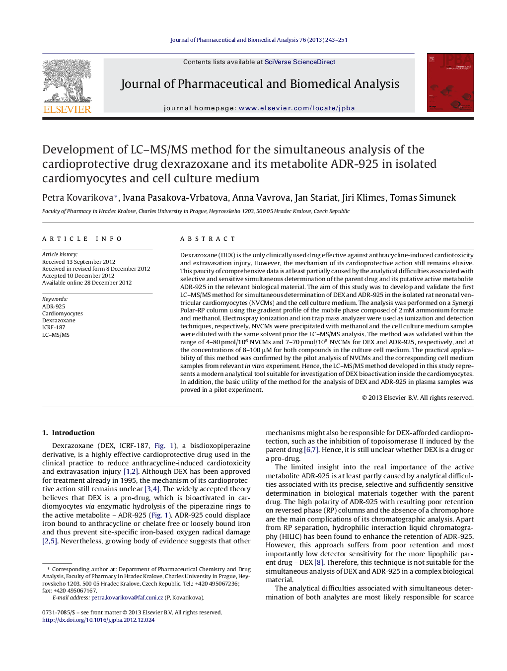 Development of LC-MS/MS method for the simultaneous analysis of the cardioprotective drug dexrazoxane and its metabolite ADR-925 in isolated cardiomyocytes and cell culture medium