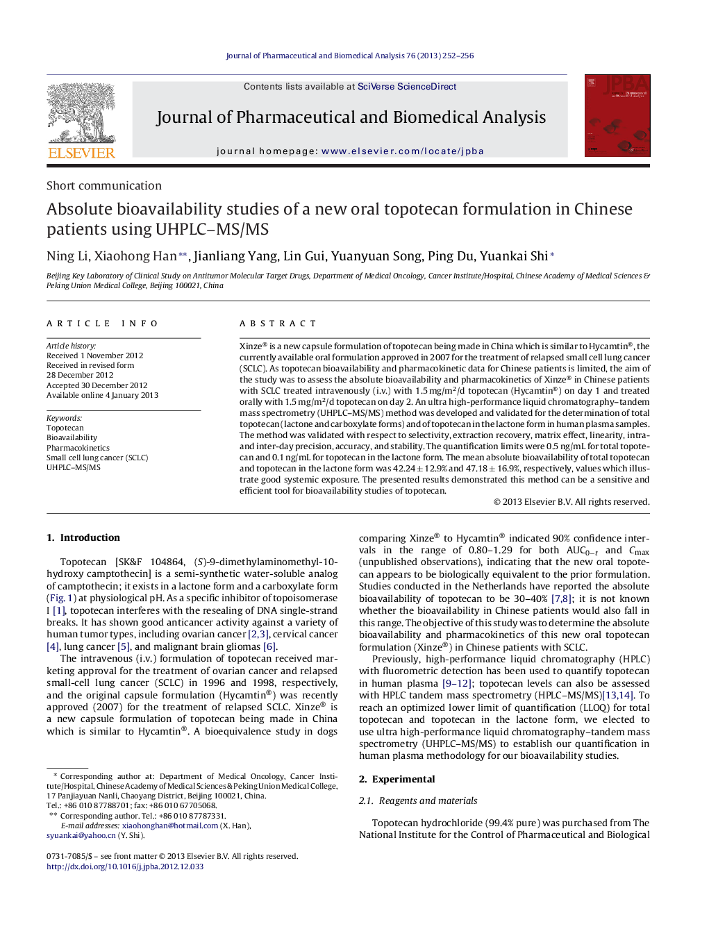 Absolute bioavailability studies of a new oral topotecan formulation in Chinese patients using UHPLC-MS/MS