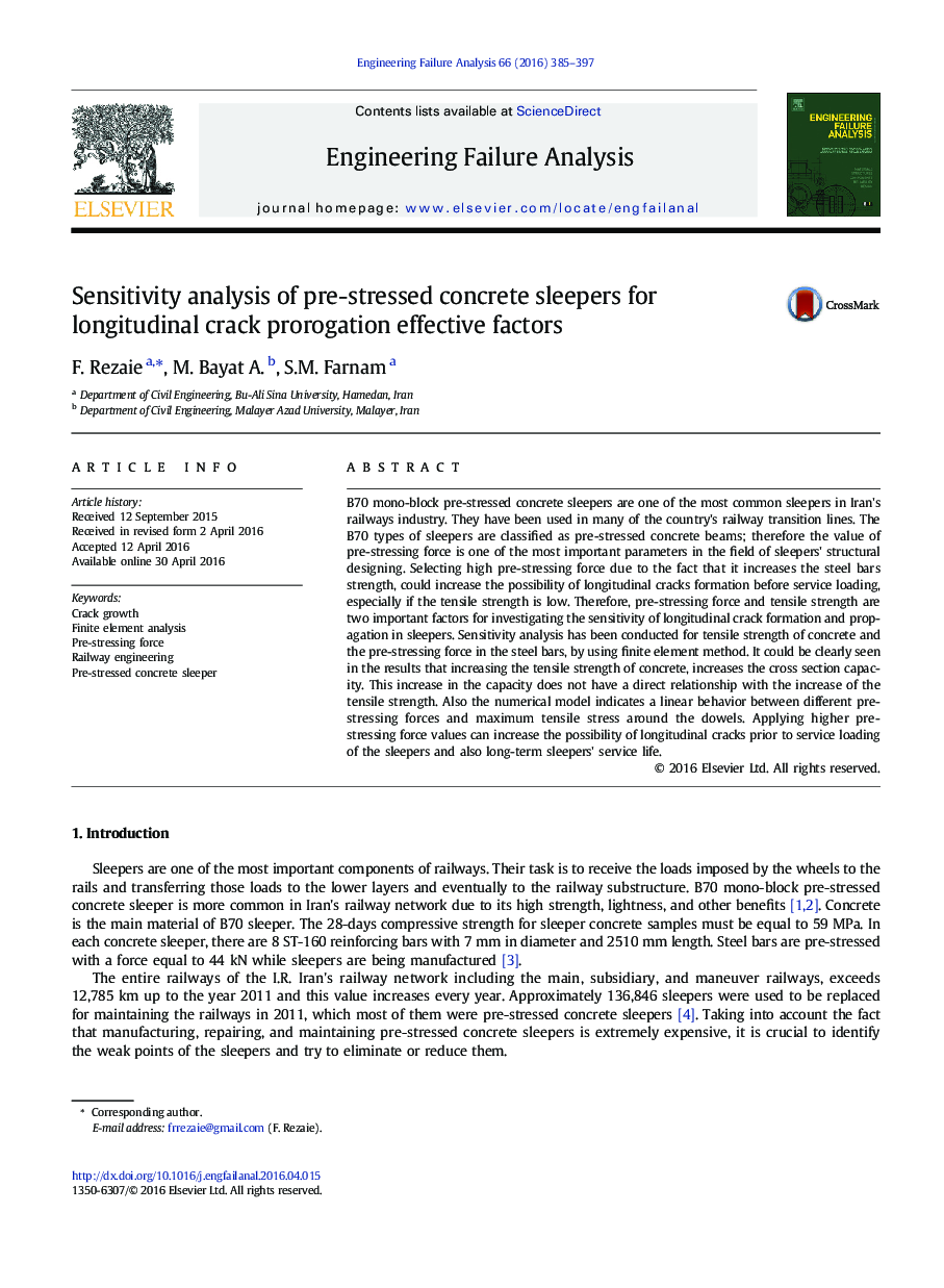 Sensitivity analysis of pre-stressed concrete sleepers for longitudinal crack prorogation effective factors