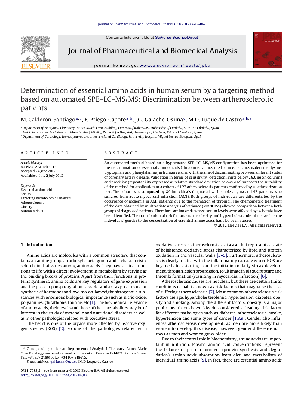 Determination of essential amino acids in human serum by a targeting method based on automated SPE-LC-MS/MS: Discrimination between artherosclerotic patients