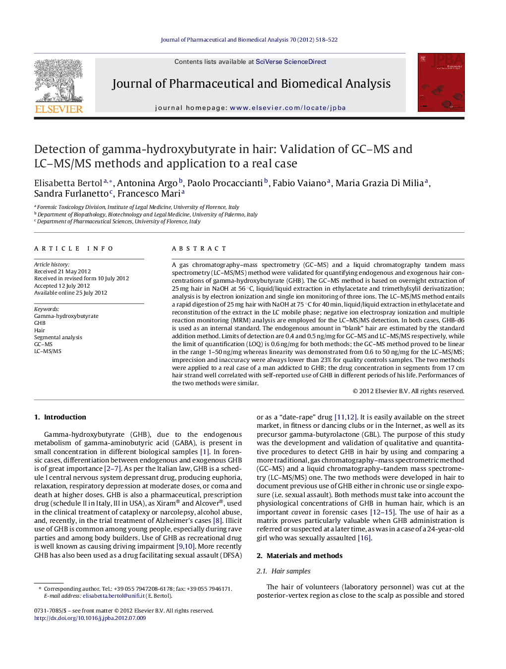 Detection of gamma-hydroxybutyrate in hair: Validation of GC-MS and LC-MS/MS methods and application to a real case