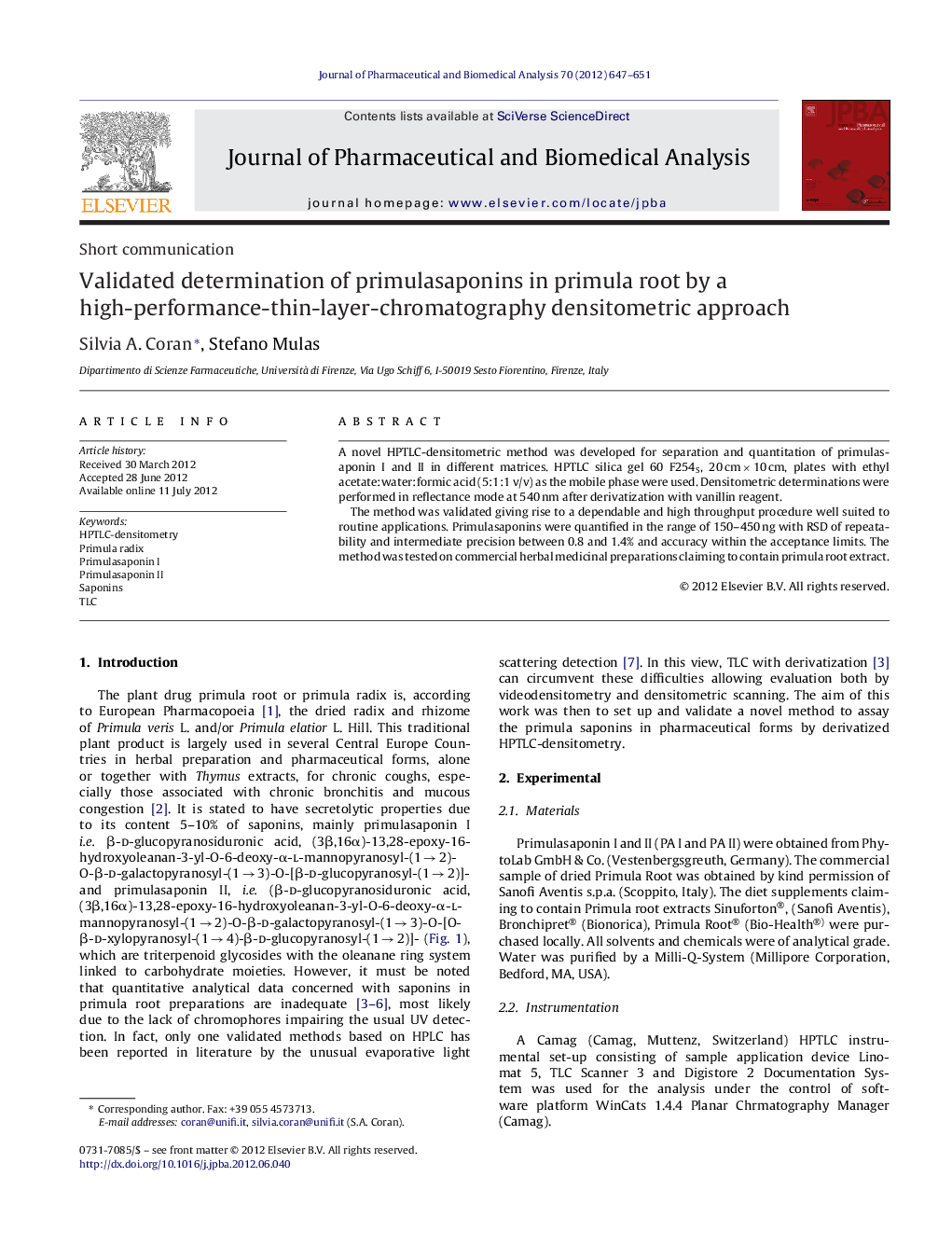 Validated determination of primulasaponins in primula root by a high-performance-thin-layer-chromatography densitometric approach