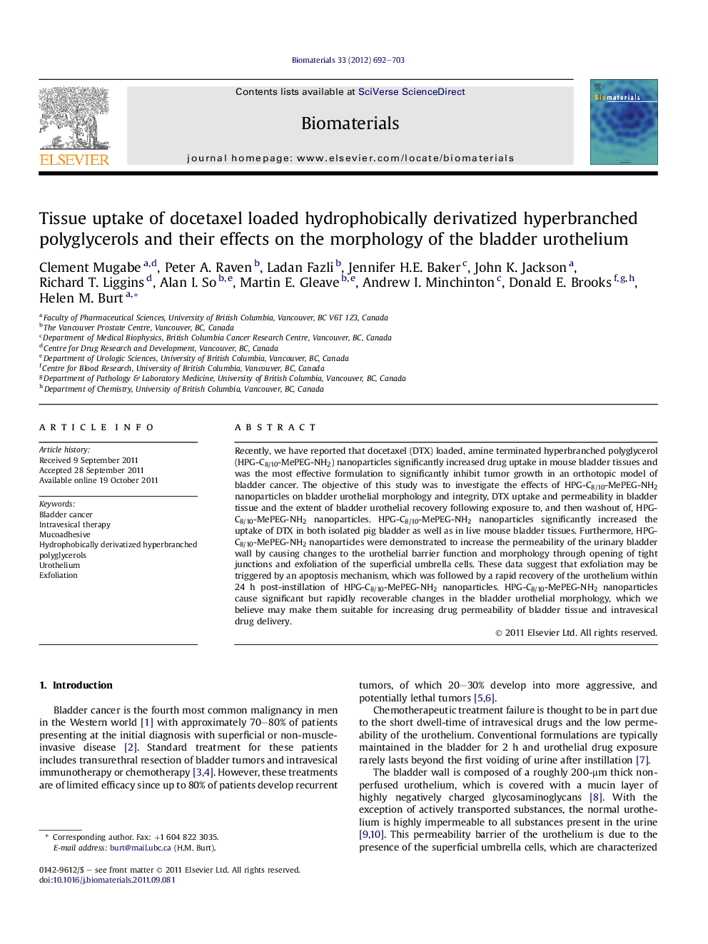 Tissue uptake of docetaxel loaded hydrophobically derivatized hyperbranched polyglycerols and their effects on the morphology of the bladder urothelium