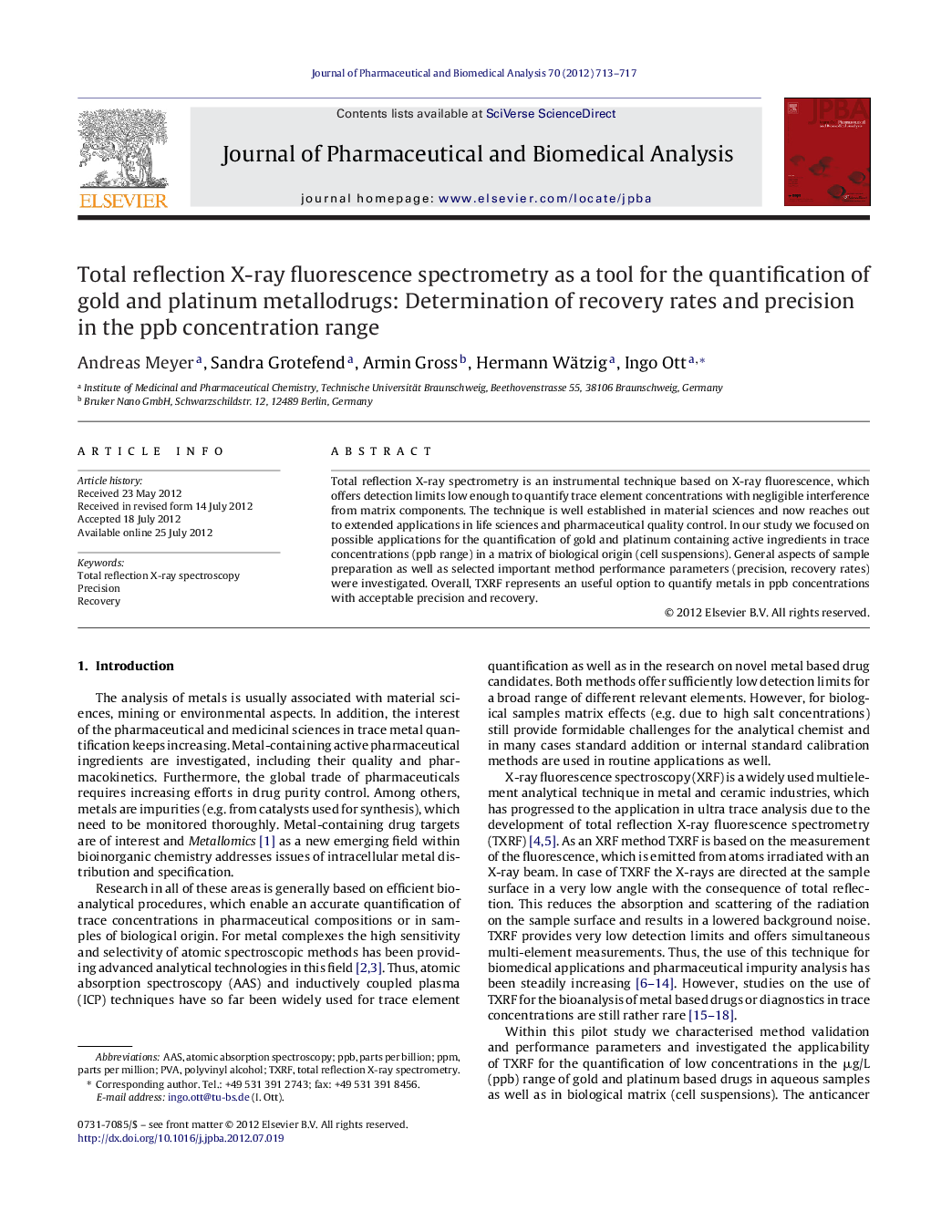 Total reflection X-ray fluorescence spectrometry as a tool for the quantification of gold and platinum metallodrugs: Determination of recovery rates and precision in the ppb concentration range