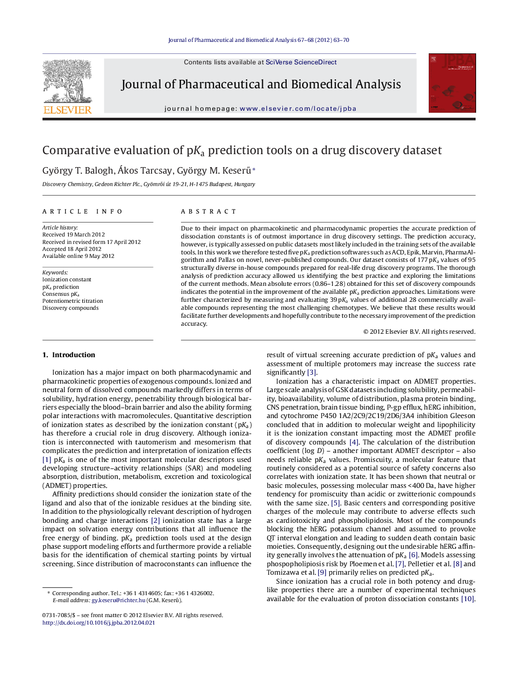 Comparative evaluation of pKa prediction tools on a drug discovery dataset