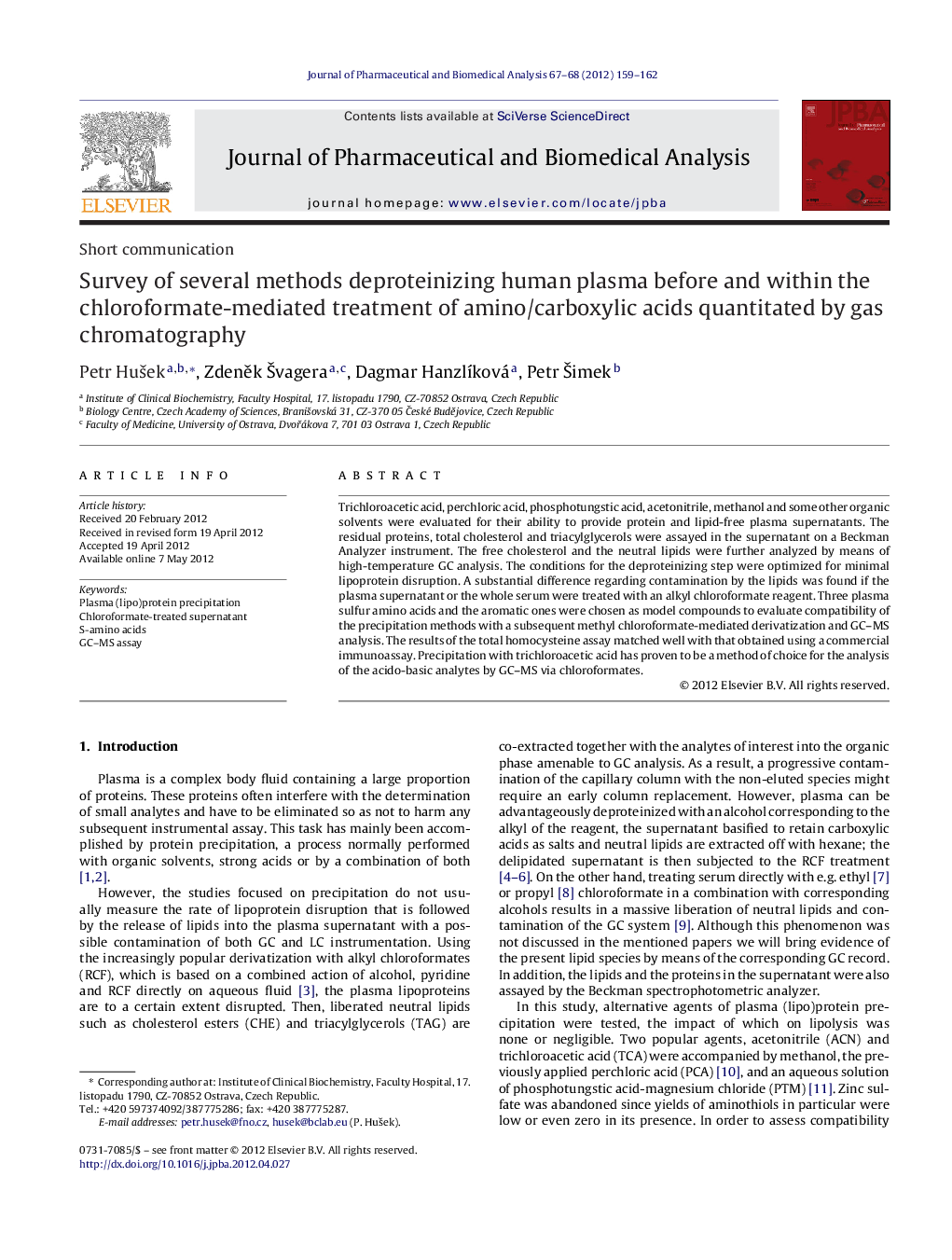 Survey of several methods deproteinizing human plasma before and within the chloroformate-mediated treatment of amino/carboxylic acids quantitated by gas chromatography