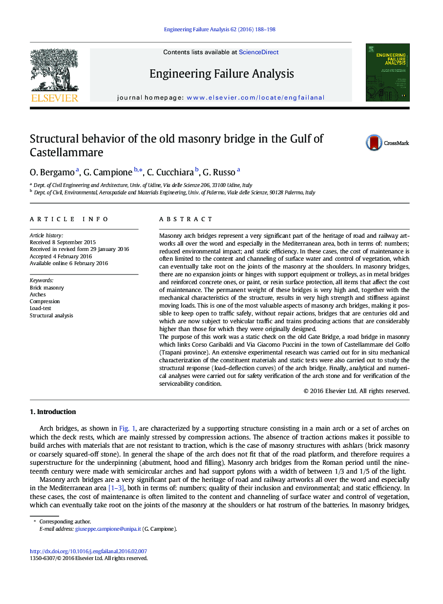 Structural behavior of the old masonry bridge in the Gulf of Castellammare