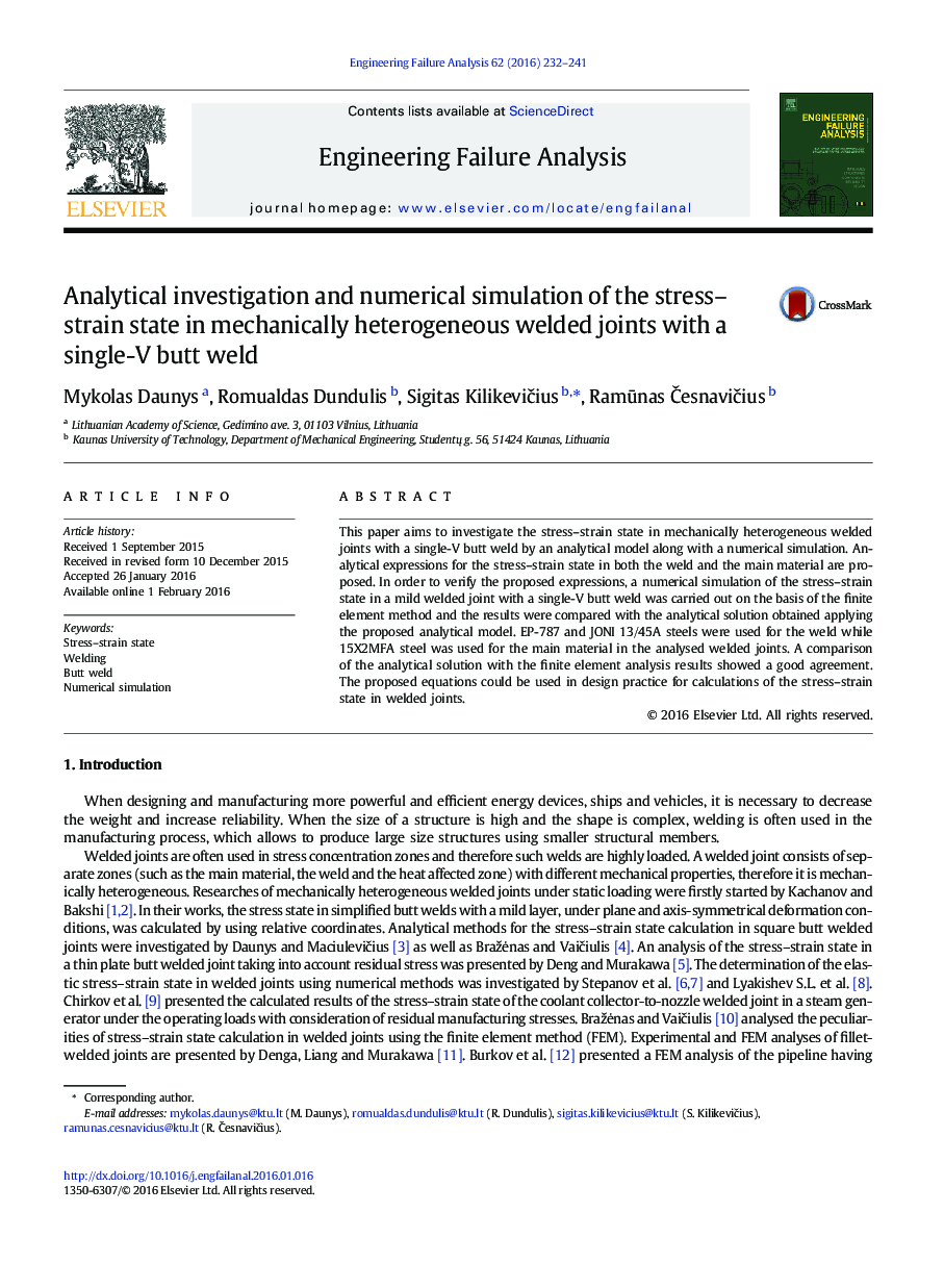Analytical investigation and numerical simulation of the stress–strain state in mechanically heterogeneous welded joints with a single-V butt weld