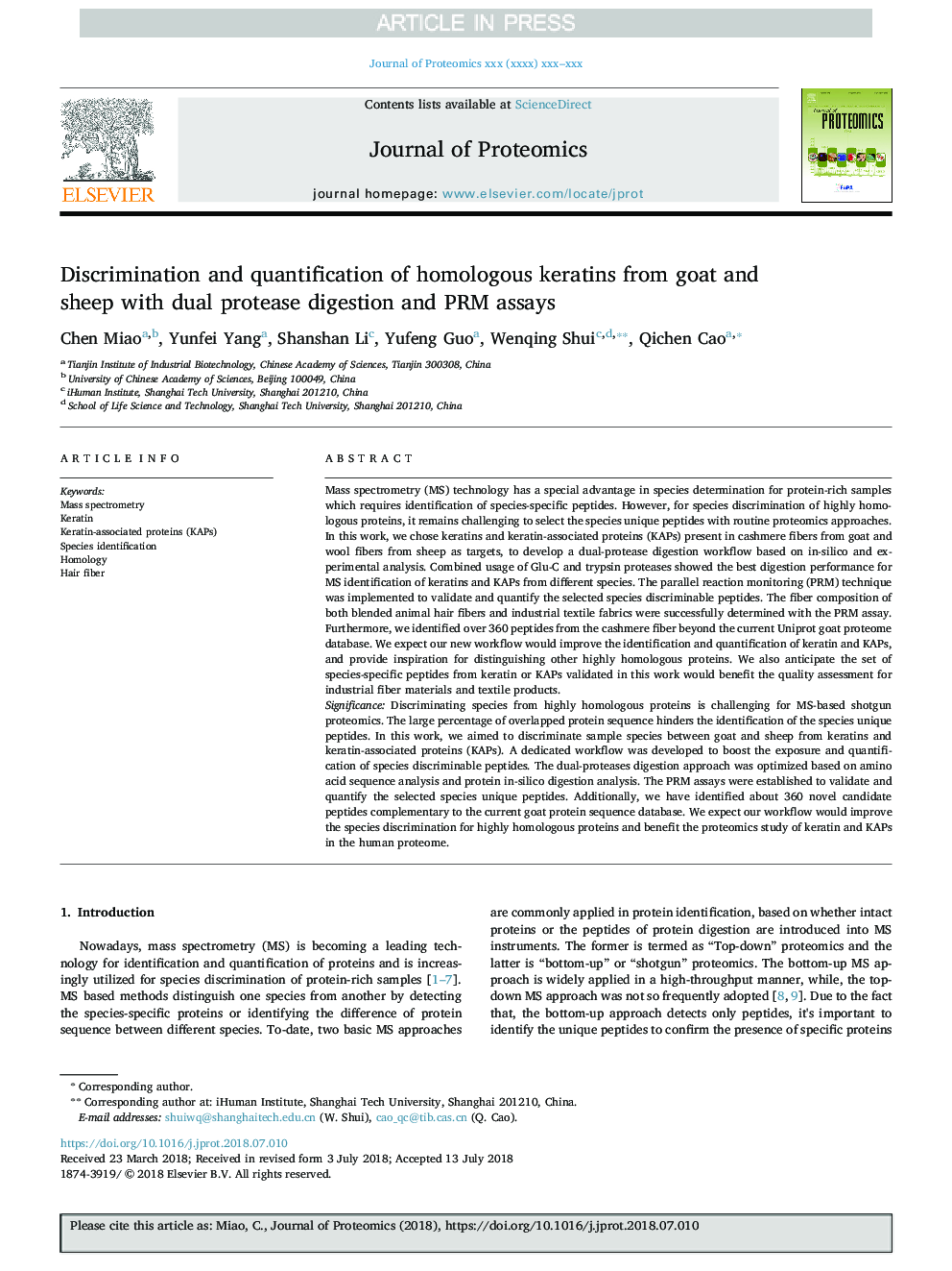Discrimination and quantification of homologous keratins from goat and sheep with dual protease digestion and PRM assays