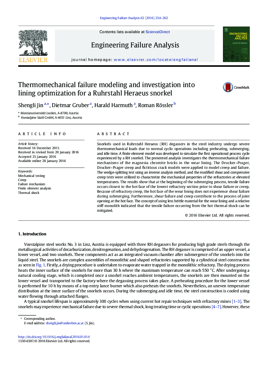 Thermomechanical failure modeling and investigation into lining optimization for a Ruhrstahl Heraeus snorkel