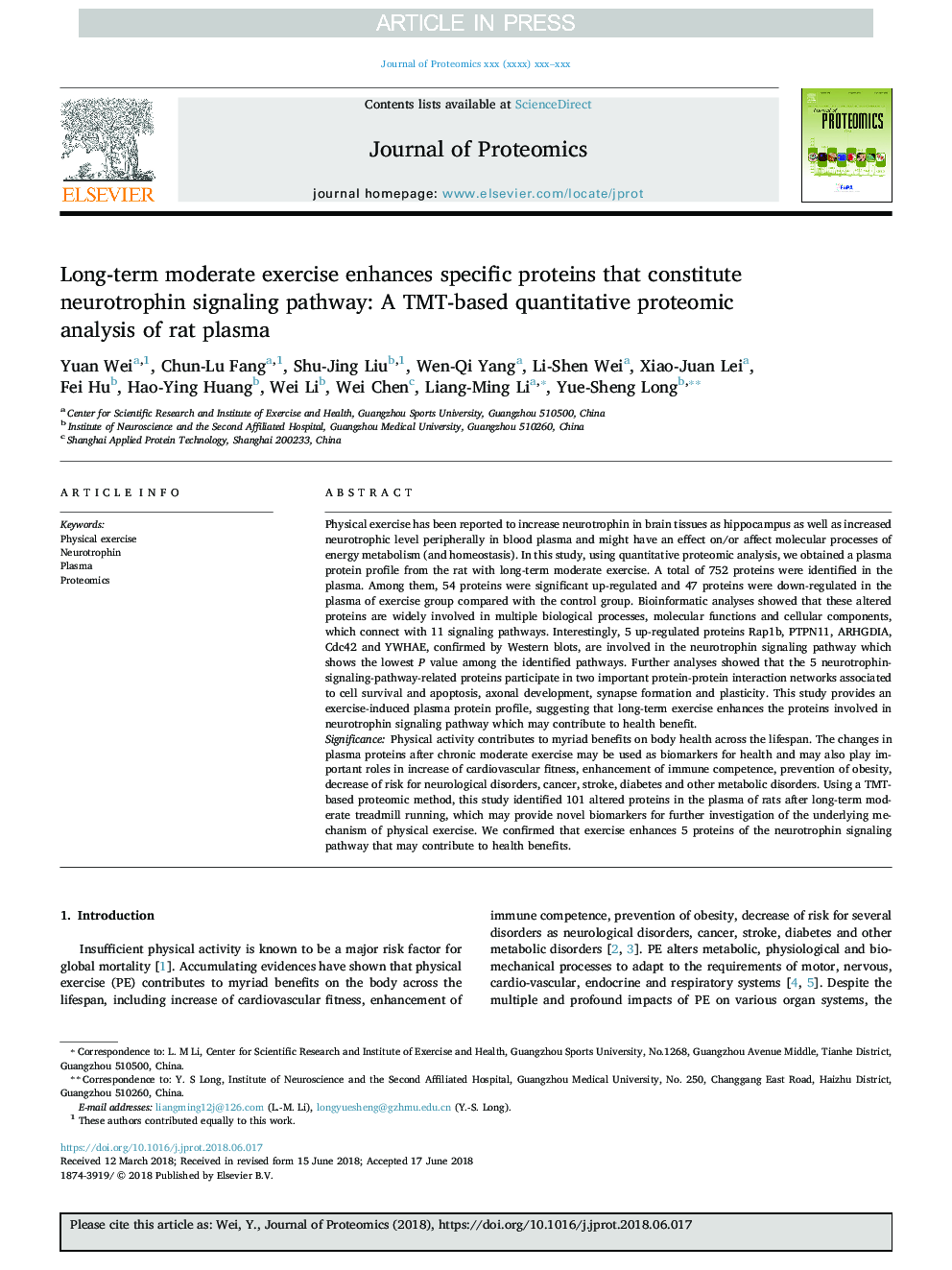 Long-term moderate exercise enhances specific proteins that constitute neurotrophin signaling pathway: A TMT-based quantitative proteomic analysis of rat plasma