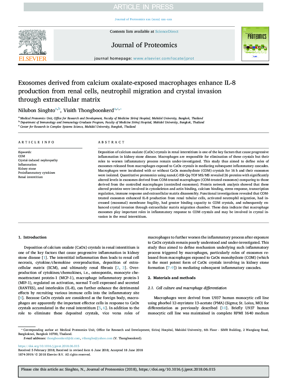 Exosomes derived from calcium oxalate-exposed macrophages enhance IL-8 production from renal cells, neutrophil migration and crystal invasion through extracellular matrix