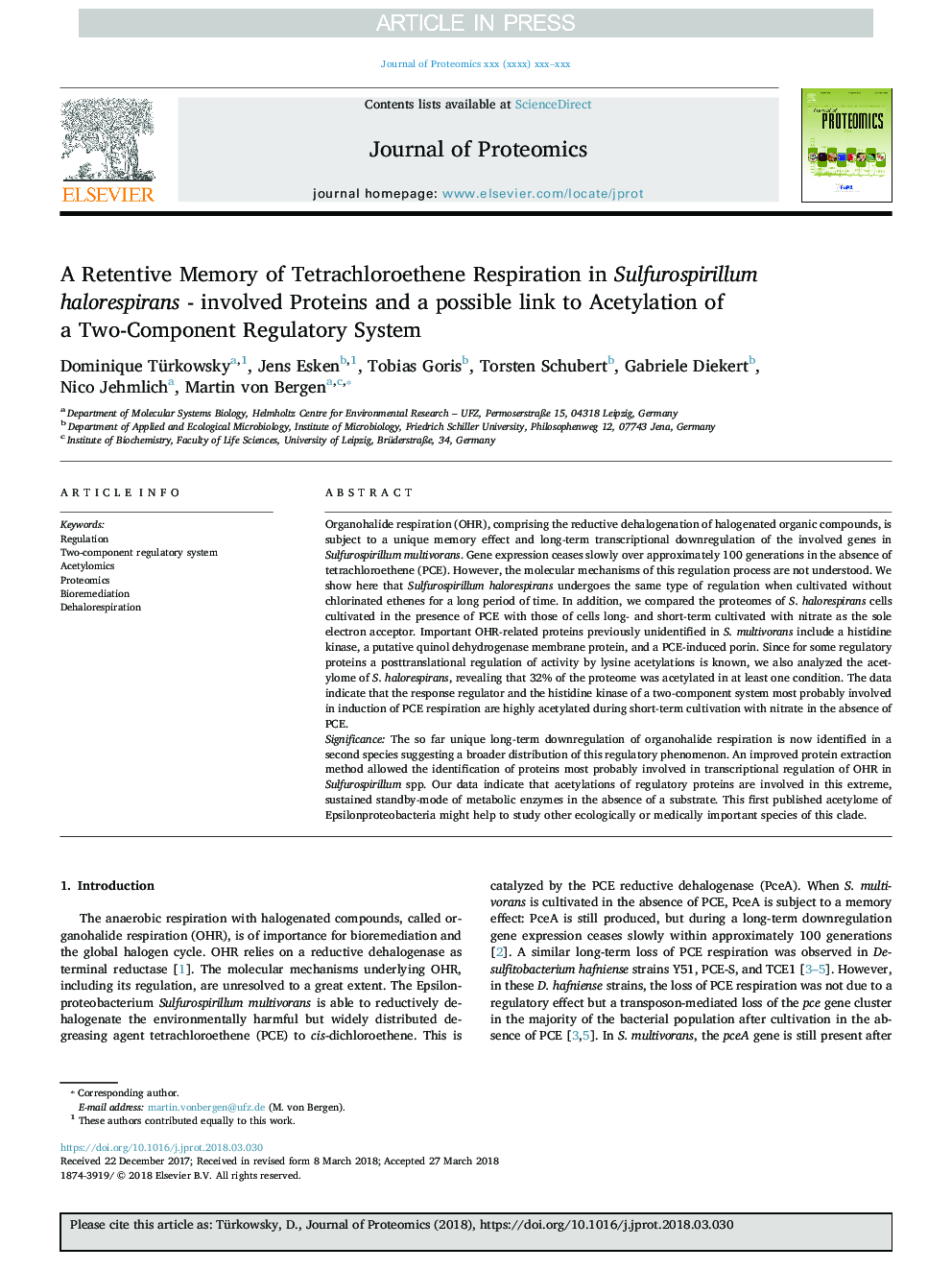 A Retentive Memory of Tetrachloroethene Respiration in Sulfurospirillum halorespirans - involved Proteins and a possible link to Acetylation of a Two-Component Regulatory System
