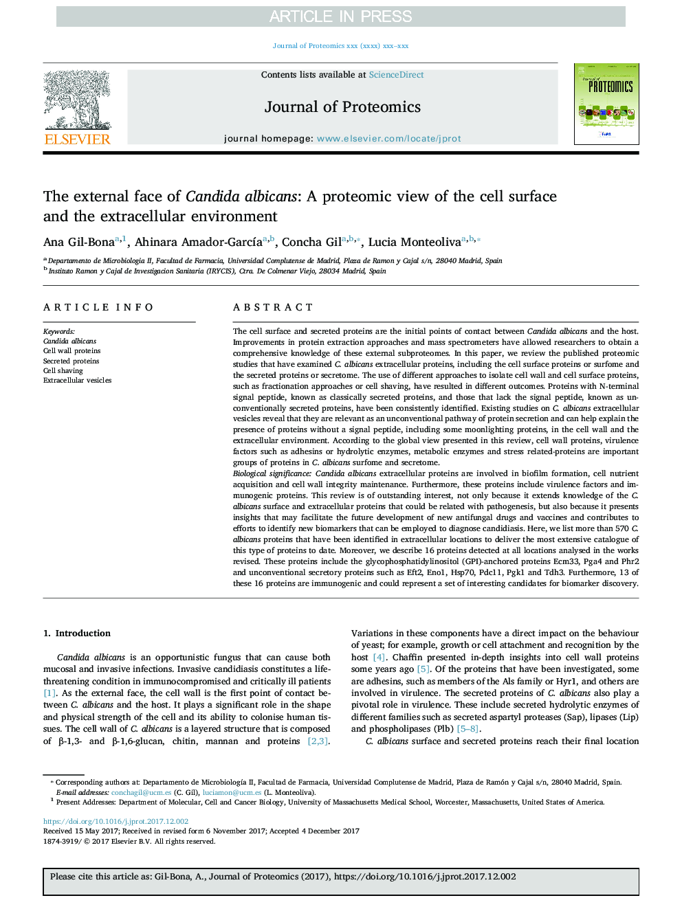 The external face of Candida albicans: A proteomic view of the cell surface and the extracellular environment