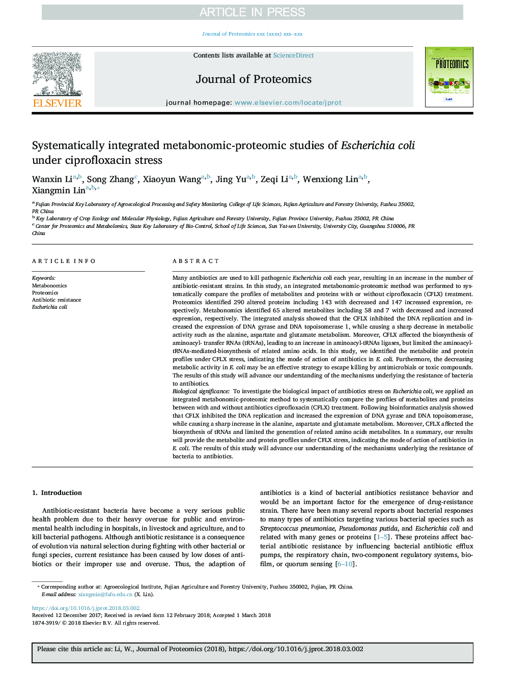 Systematically integrated metabonomic-proteomic studies of Escherichia coli under ciprofloxacin stress