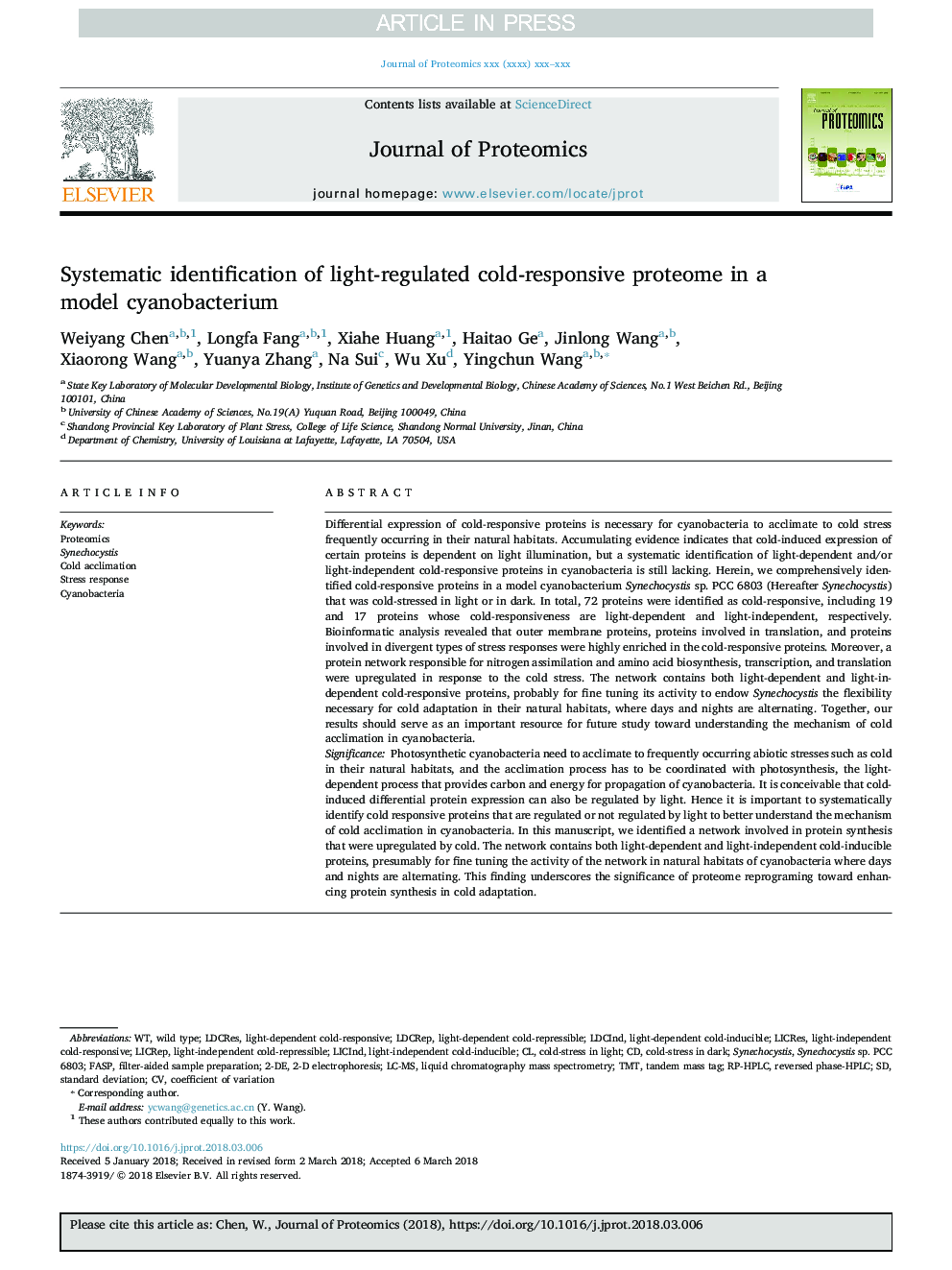 Systematic identification of light-regulated cold-responsive proteome in a model cyanobacterium