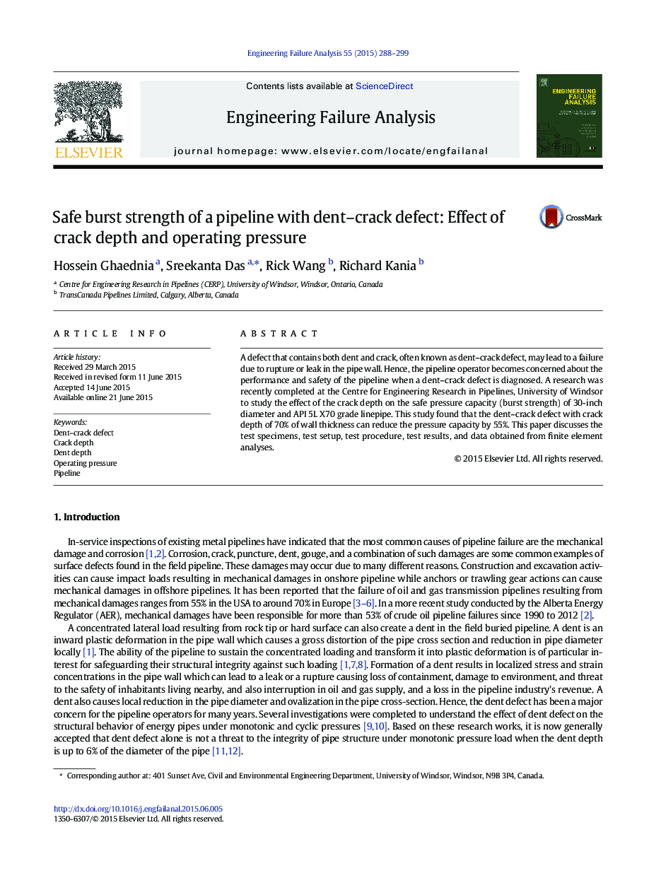 Safe burst strength of a pipeline with dent–crack defect: Effect of crack depth and operating pressure