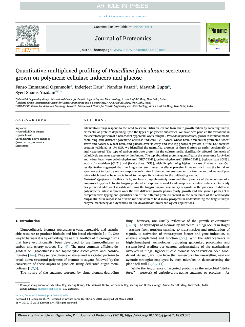 Quantitative multiplexed profiling of Penicillium funiculosum secretome grown on polymeric cellulase inducers and glucose