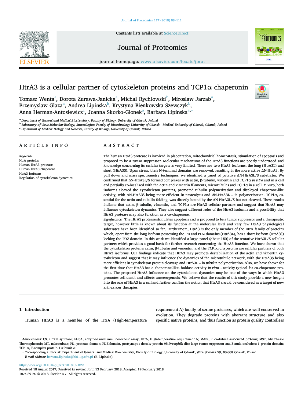 HtrA3 is a cellular partner of cytoskeleton proteins and TCP1Î± chaperonin