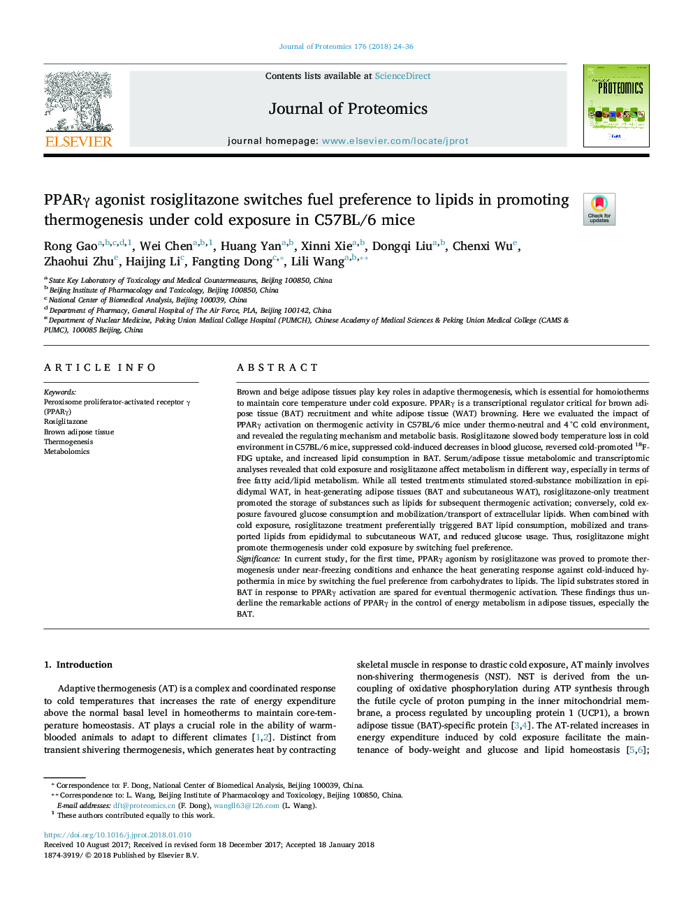 PPARÎ³ agonist rosiglitazone switches fuel preference to lipids in promoting thermogenesis under cold exposure in C57BL/6 mice