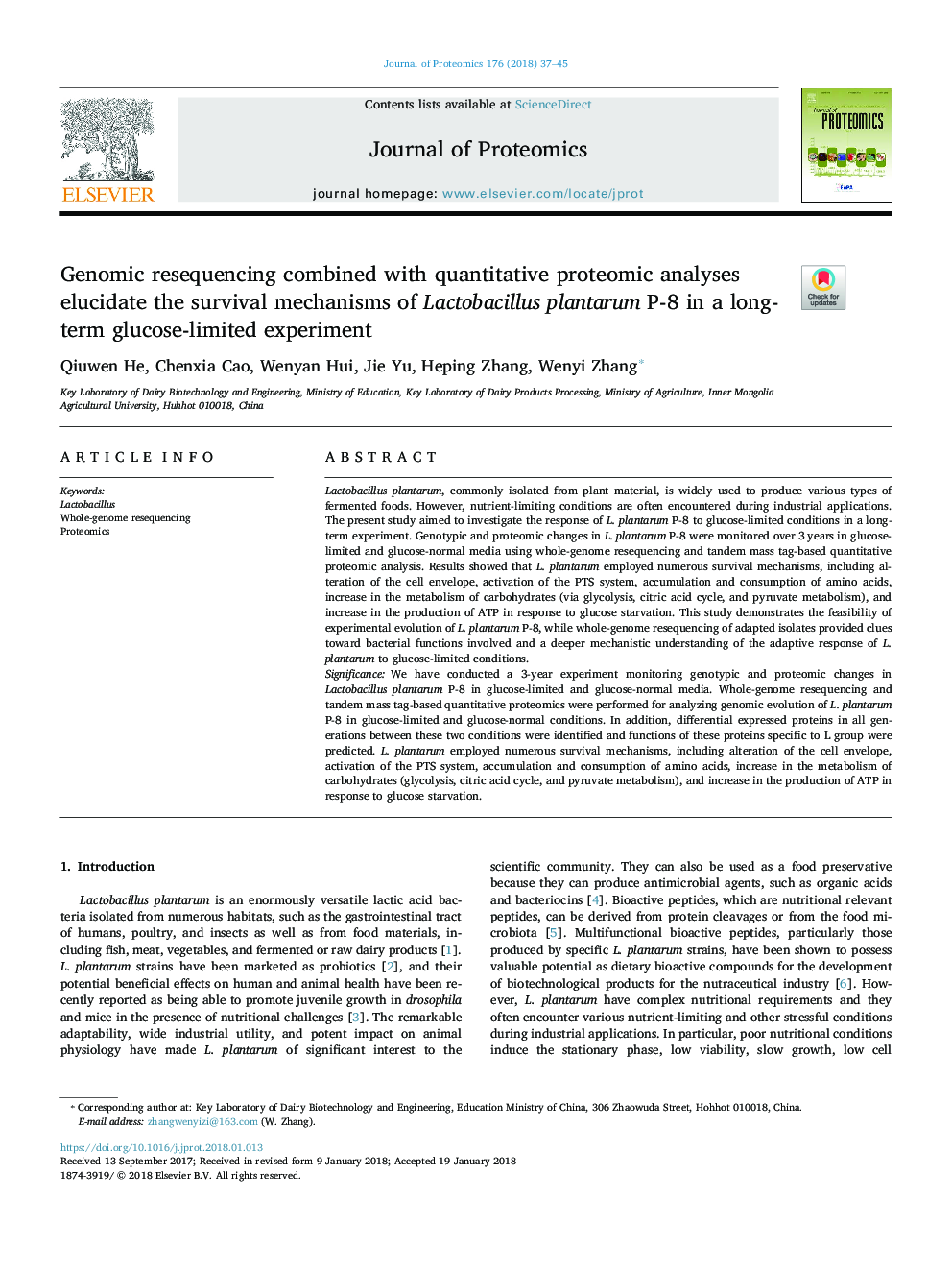 Genomic resequencing combined with quantitative proteomic analyses elucidate the survival mechanisms of Lactobacillus plantarum P-8 in a long-term glucose-limited experiment