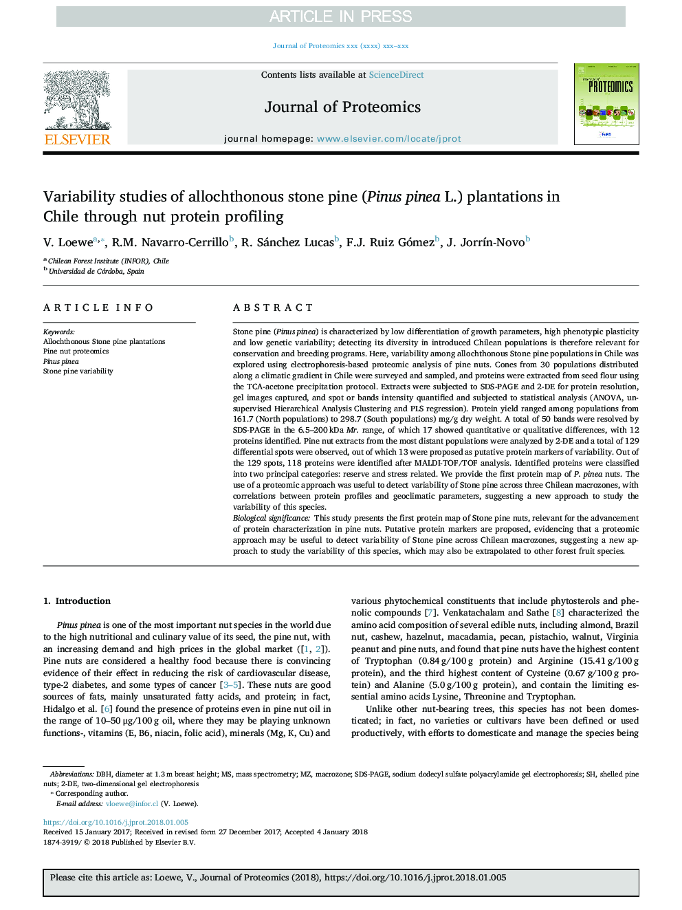 عکس صفحه اول مقاله: Variability studies of allochthonous stone pine (Pinus pinea L.) plantations in Chile through nut protein profiling Variability studies of allochthonous stone pine (Pinus pinea L.) plantations in Chile through nut protein profiling