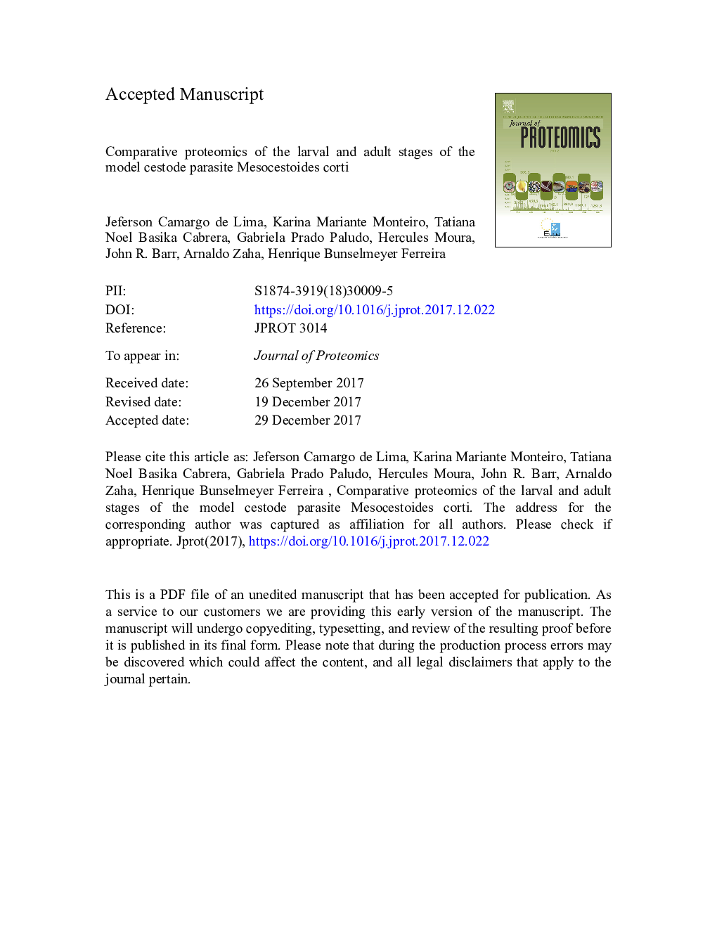 Comparative proteomics of the larval and adult stages of the model cestode parasite Mesocestoides corti